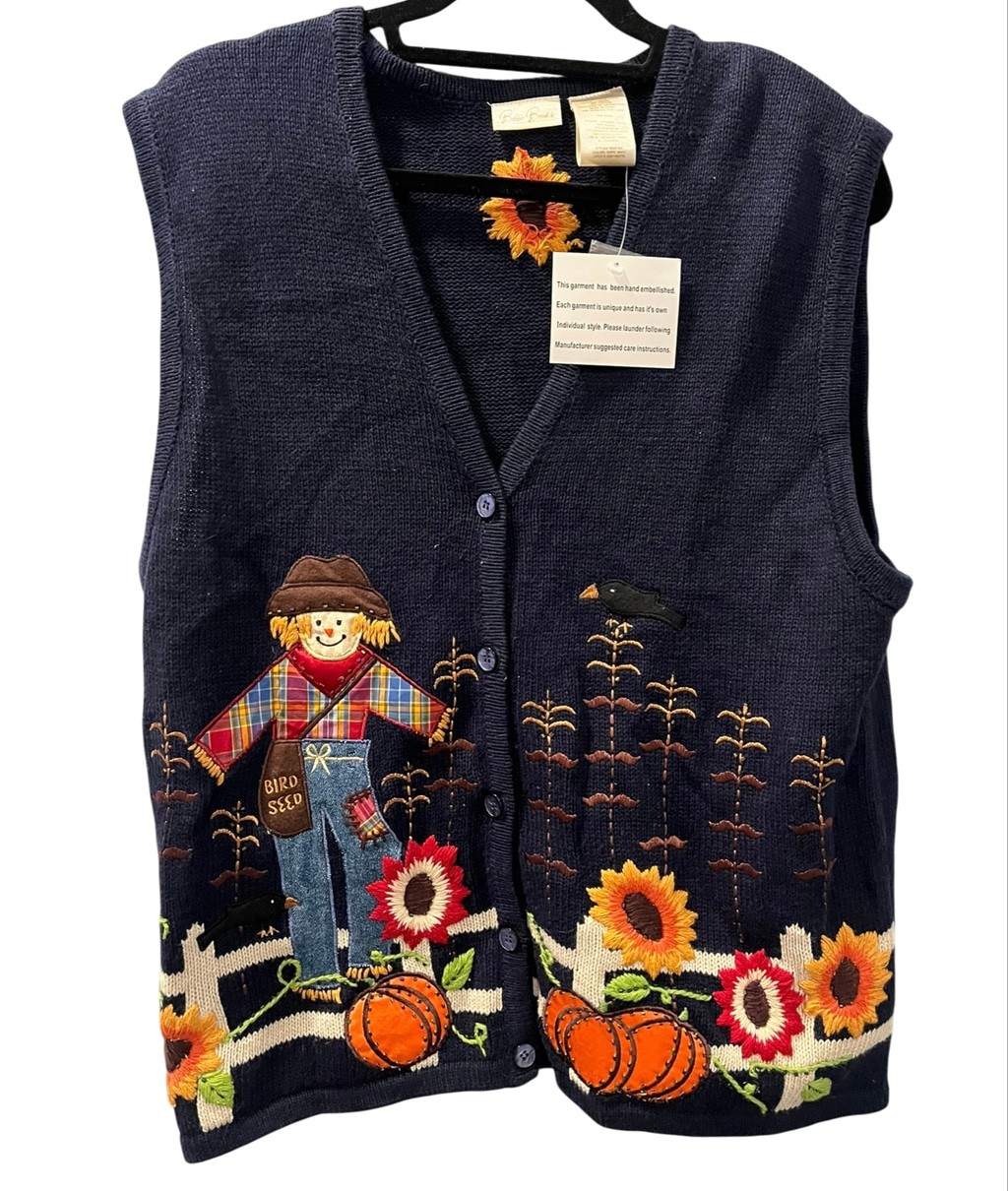 NWT Vtg Bobbie Brooks Fall Harvest Scarecrow Sweater Vest L Pumpkin Sunflower