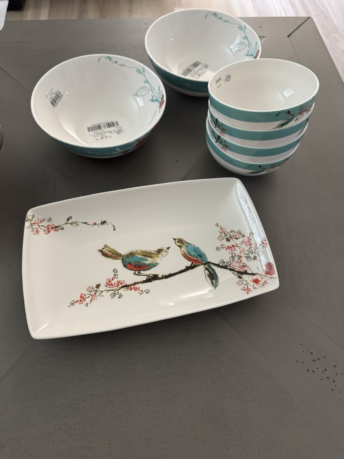 Lenox Simply Fine Chirp Turquoise Floral Bowls & 10” Tray – 7 Pc Lot – Unused