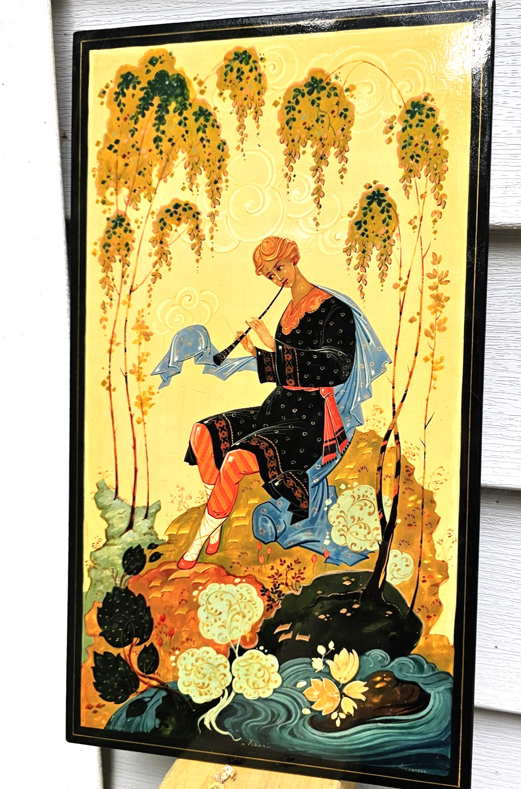 Vintage Russian Lacquer Plaque - Palekh Style  -The Flute Player - 14.5