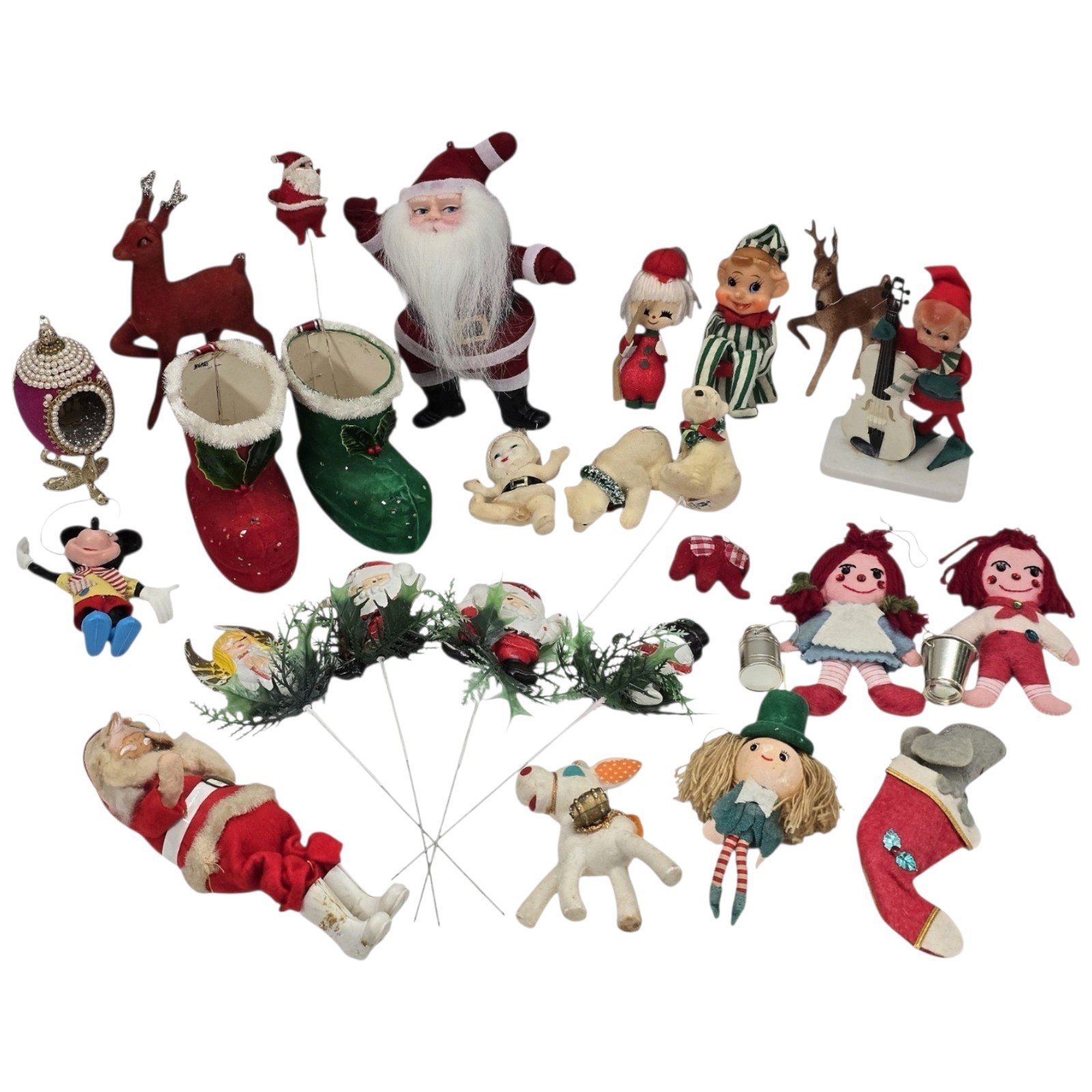 Vtg Kitschy Christmas Lot 25pc Inarco Elves Santa Flocked Japan Ornaments 1