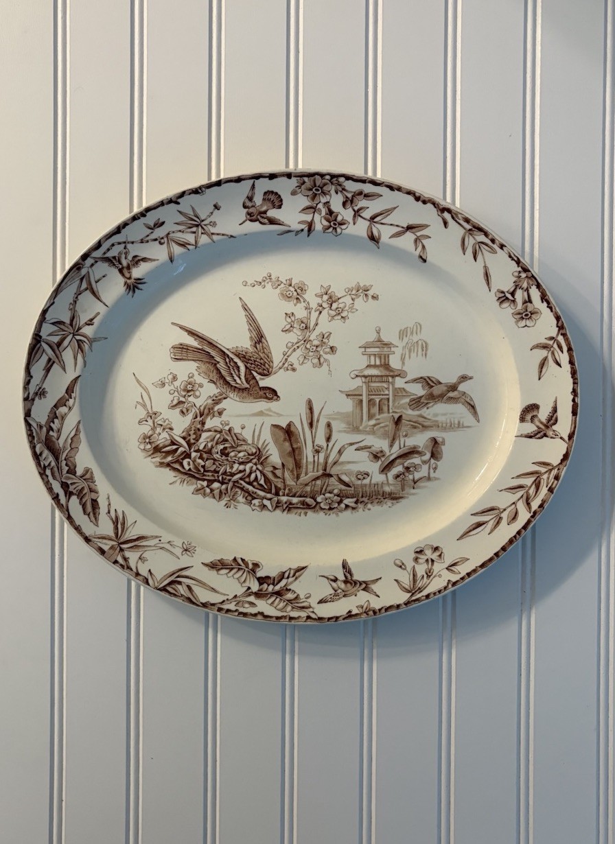Antique Ridgways Brown Aesthetic Transferware Indus Platter Bird Motif 13.5”