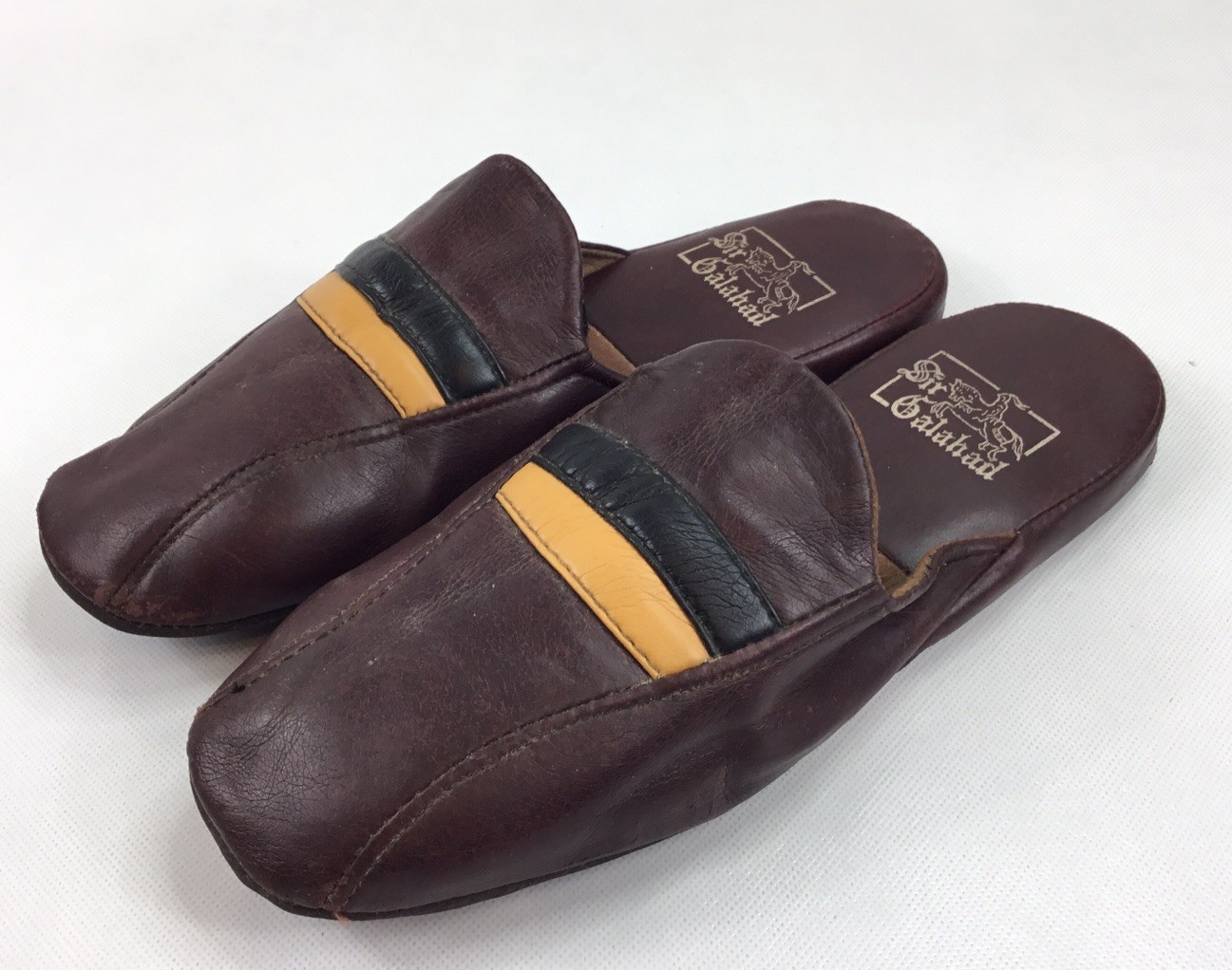 Vtg Sir Galahad Open Back Slippers Leather Size 10 Brown w/ Stripes Accent