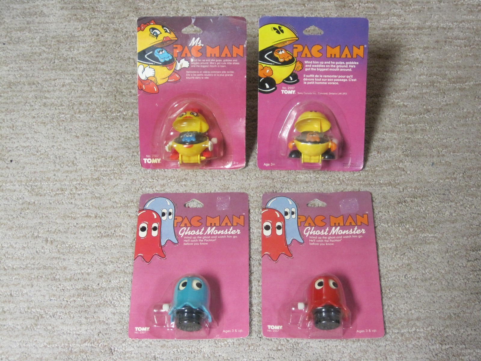 1982 TOMY Pac-Man Wind-Up Toy LOT Ms PacMan Inky Blue Ghost Blinky Red Ghost NEW