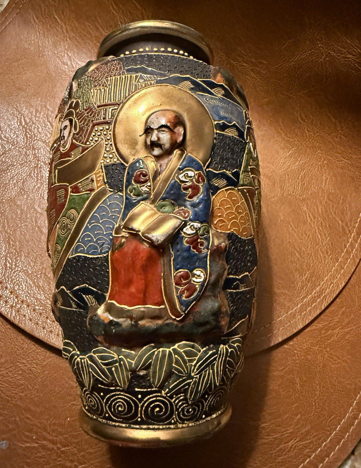 Hand Painted Glazed Ceramic Vase, Multicolor Asian Relief Figural Figures