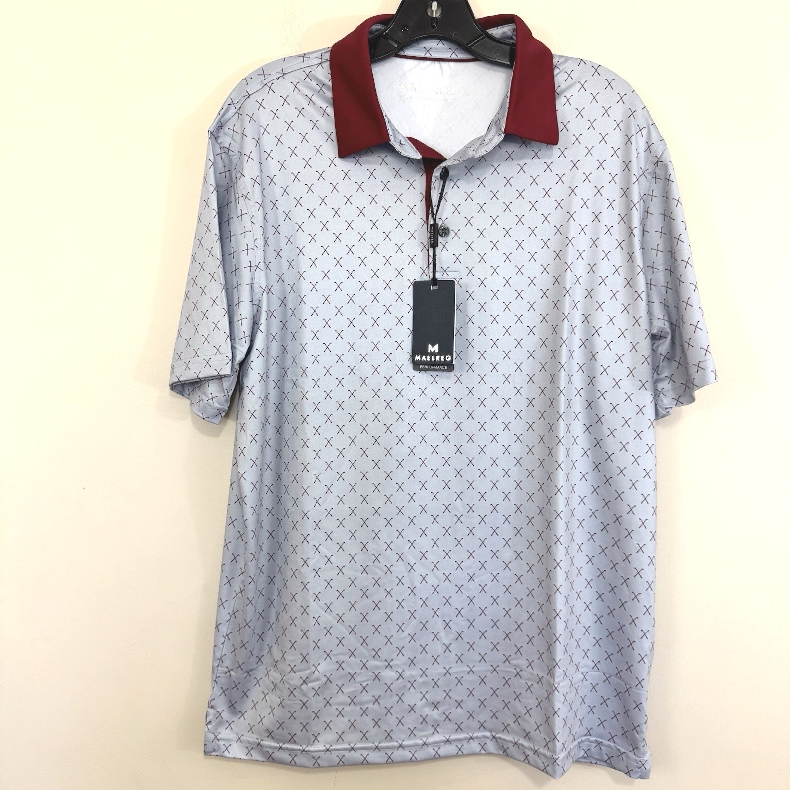 NWT Maelreg Grey Burgundy Short Sleeve Performance Golf All Over Print Polo M