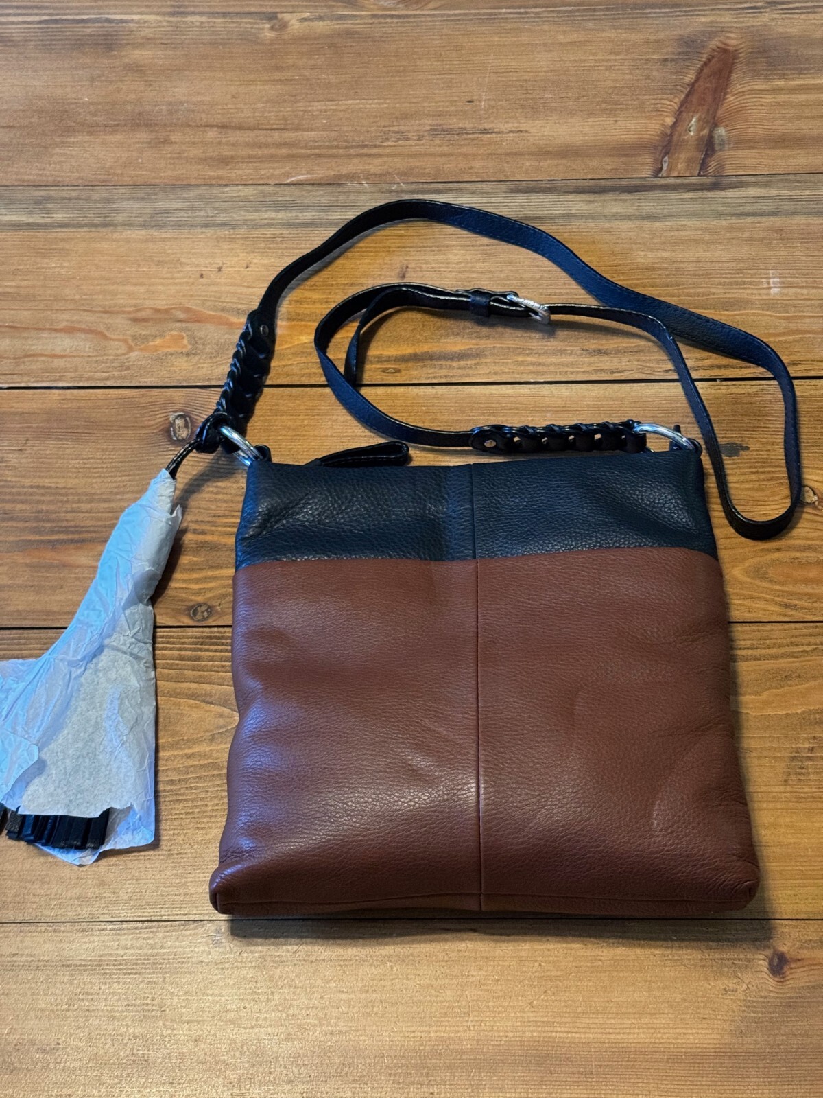 Brighton Women\'s Brown Black Pebbled Leather Adjustable Straps Crossbody Bag