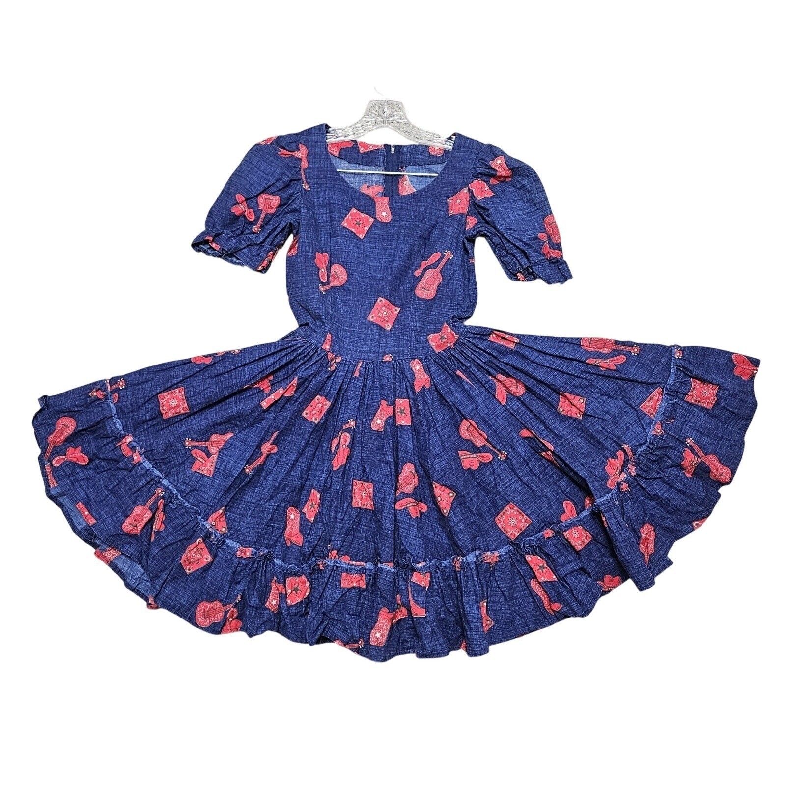VTG Handmade Circle Square Dance Dress Womens XS Blue Red Western Fit Flare