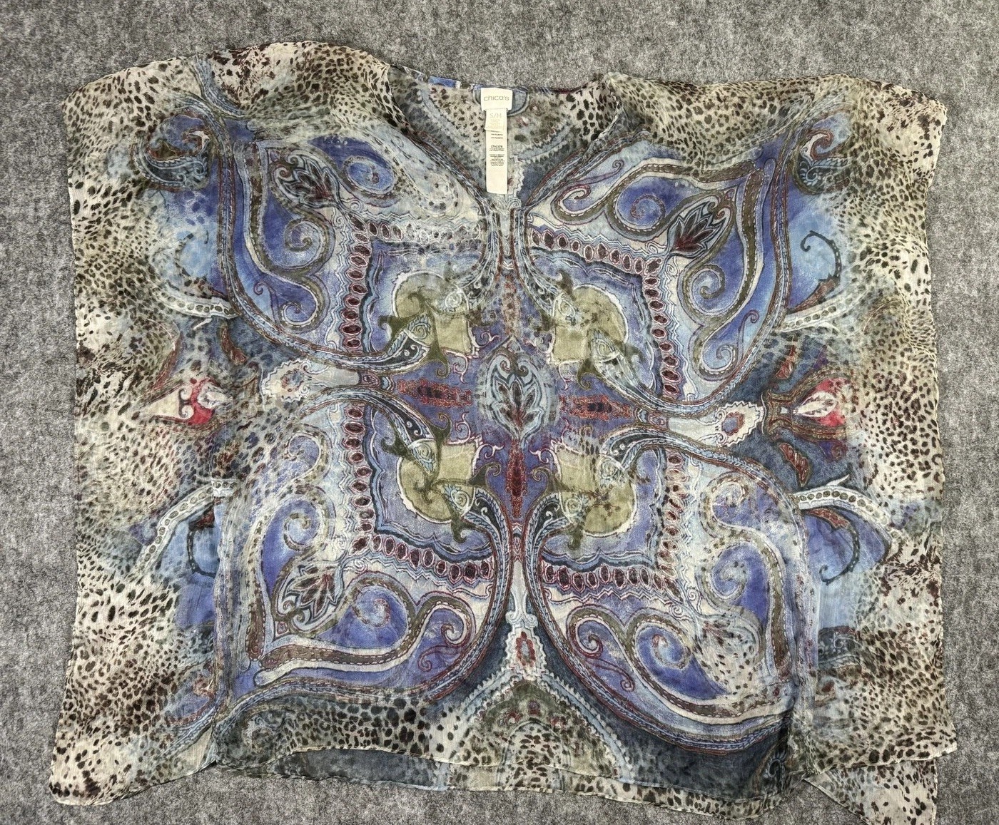 Chico\'s Kimono Blouse Womens S/M Blue Paisley Sheer Chiffon Lightweight Boho
