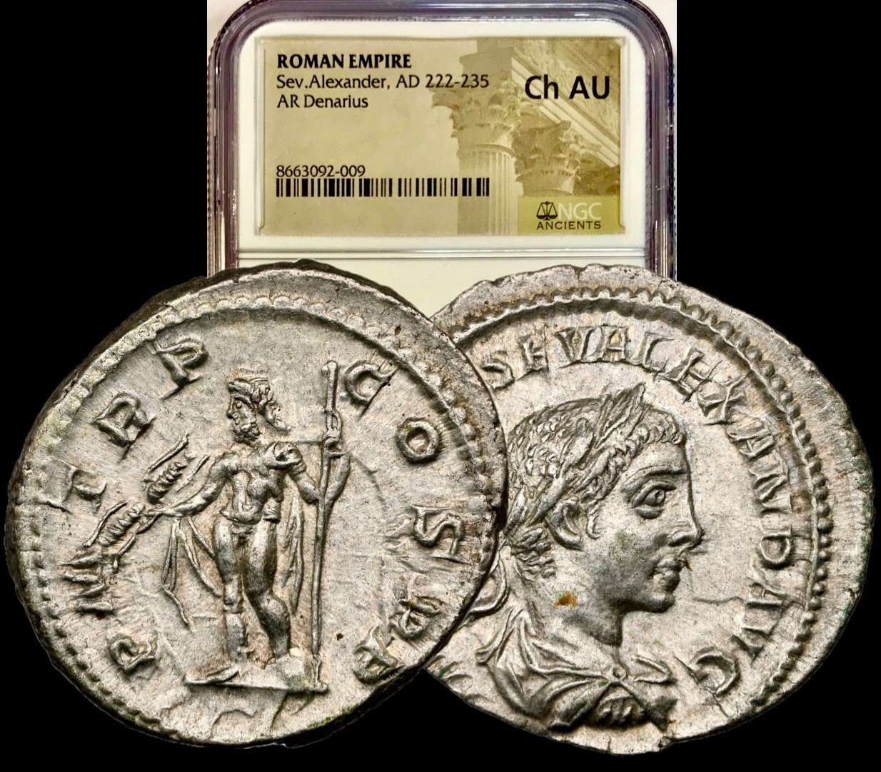 222-235 AD Severus Alexander Ancient Roman Silver Denarius Rome NGC Choice AU