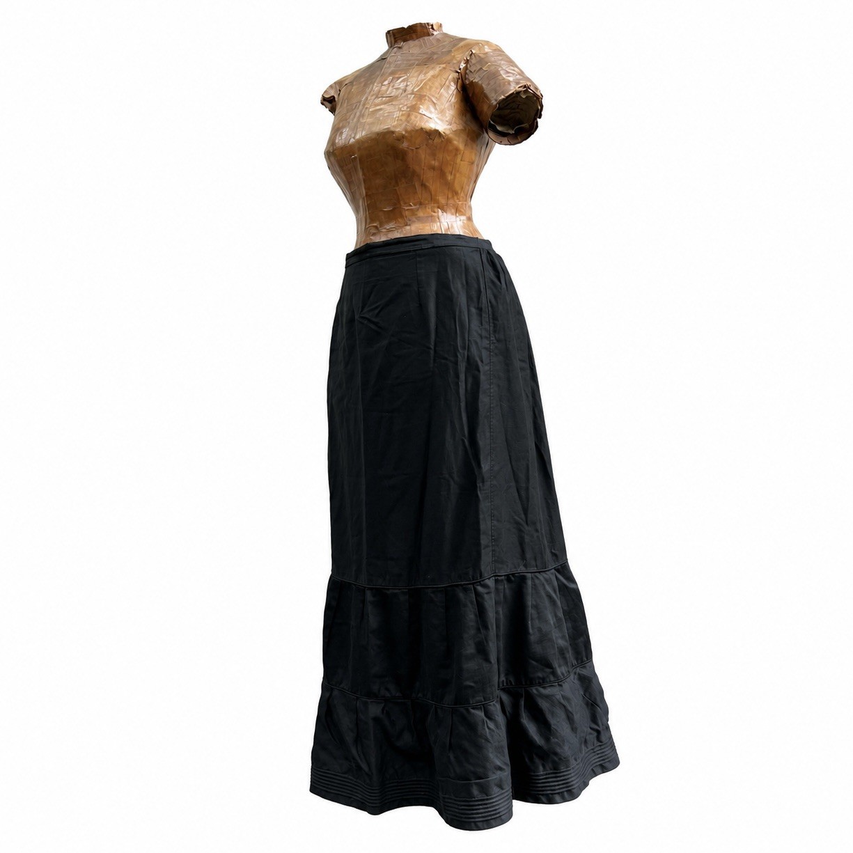 Antique Victorian 1890s Black Cotton Skirt Tiered Ruffle Mourning 32 Inch Waist