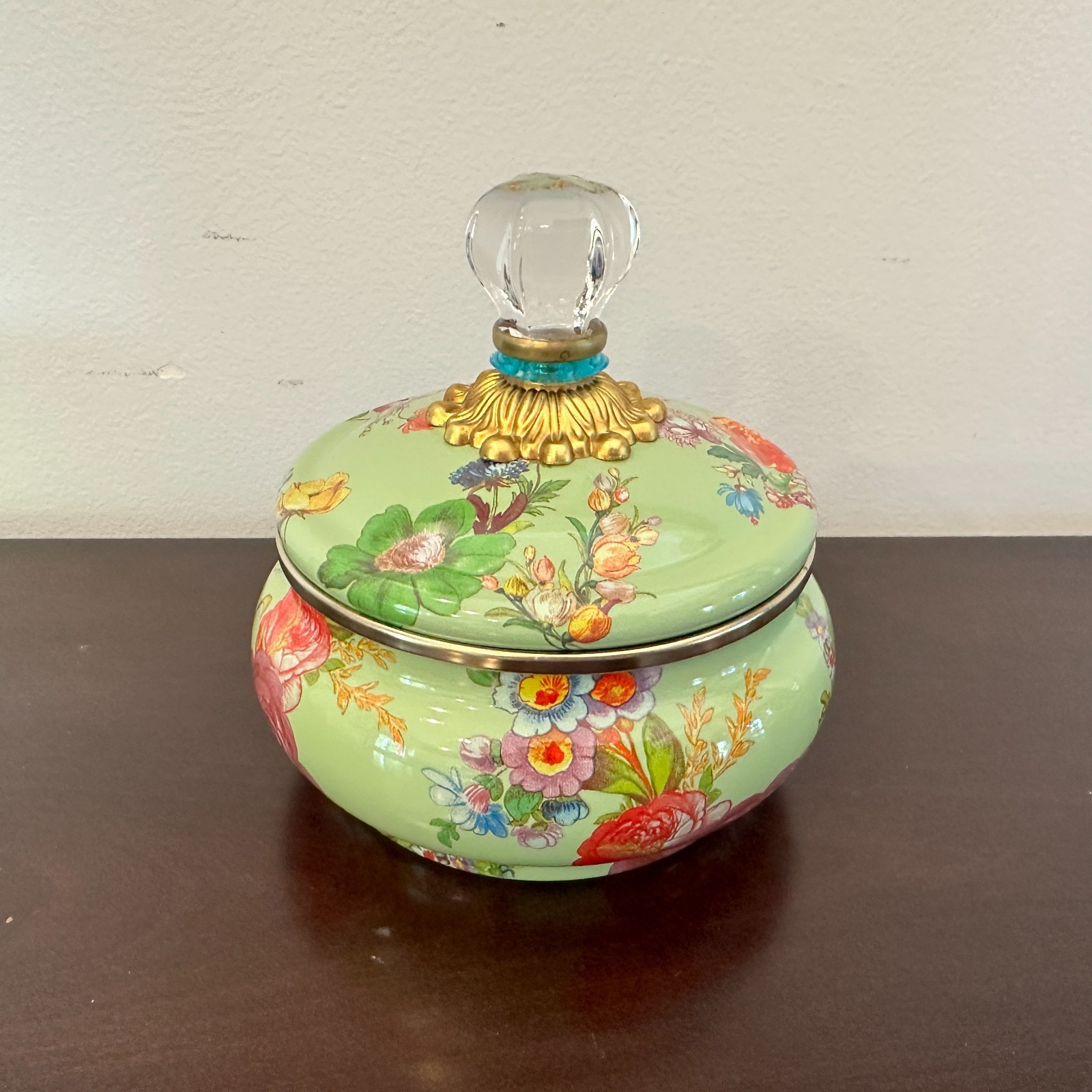Mackenzie Child Green Flower Market Squashed Enamel Metal Pot Retired Blue Ring