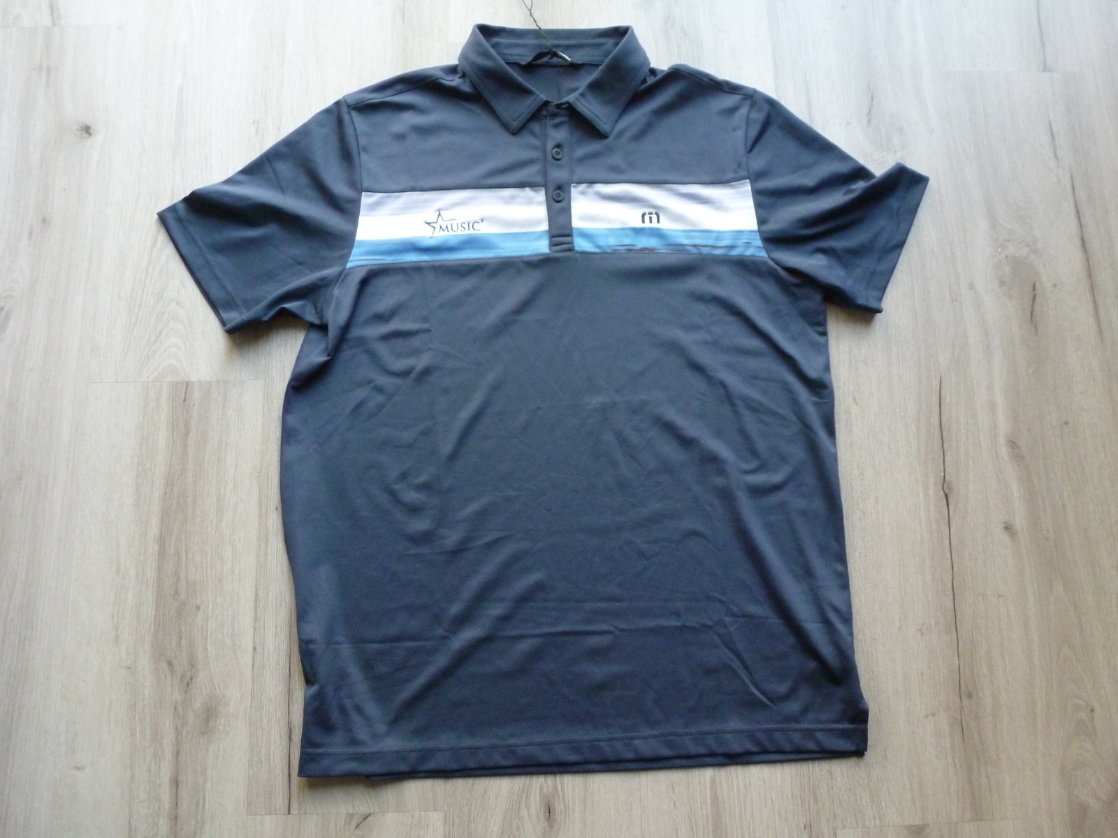 Travis Mathew Cabana Chest Stripe Golf Polo L Blue Embroidered Music Logo NWT