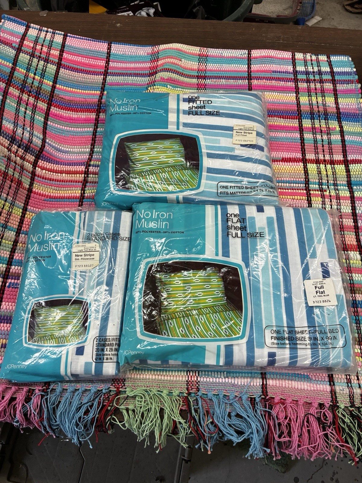 Vtg 60’s MCM Striped Complete Sheet Set Full Bed JC Penney No Iron Muslin NOS