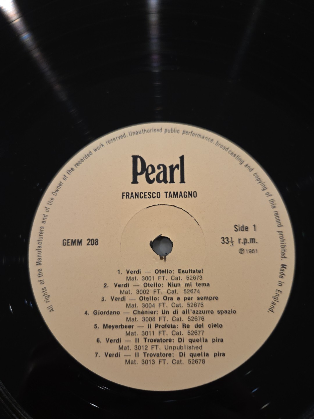 Tamagno Historic Arias Pearl GEMM 208 UK 1981 Otello Trovatore