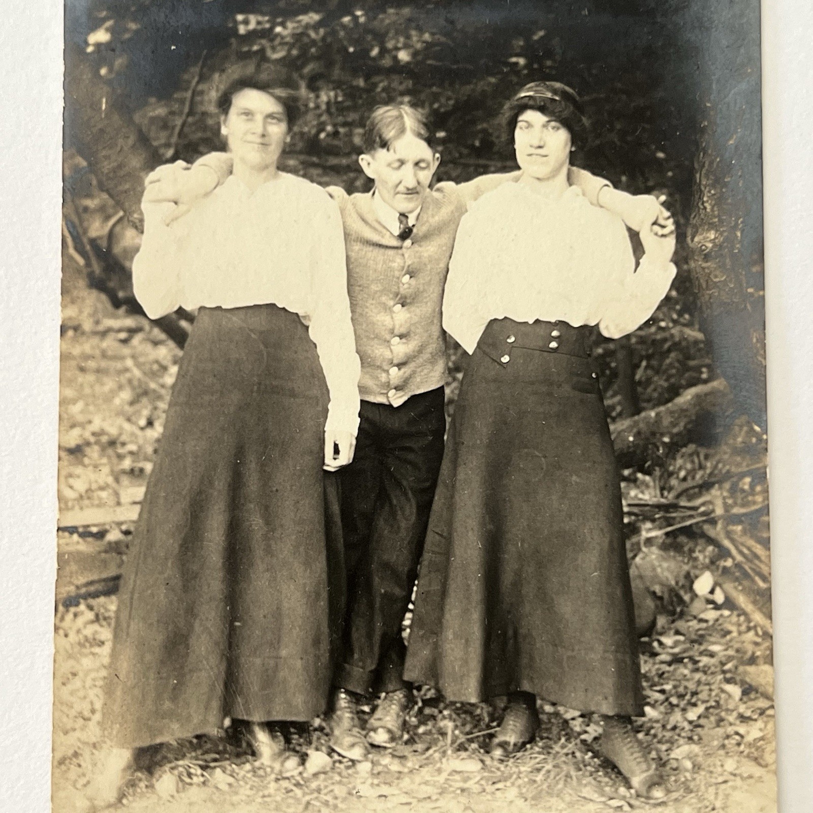 Antique RPPC Real Photograph Postcard Young Women Man Arms Over Shoulders