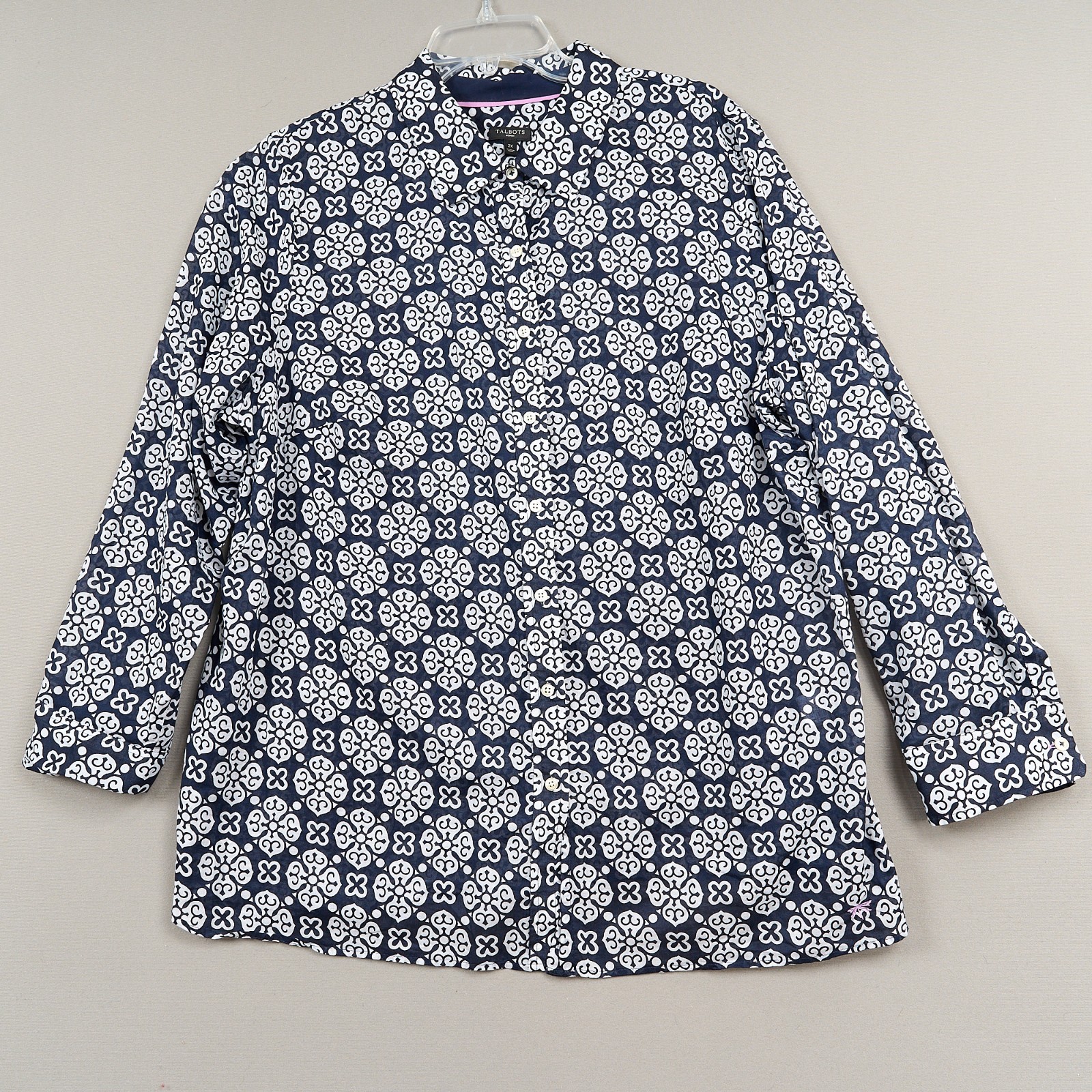 Talbots Button Up Shirt Woman Plus 2X Navy Blue White Print Cotton Long Sleeves