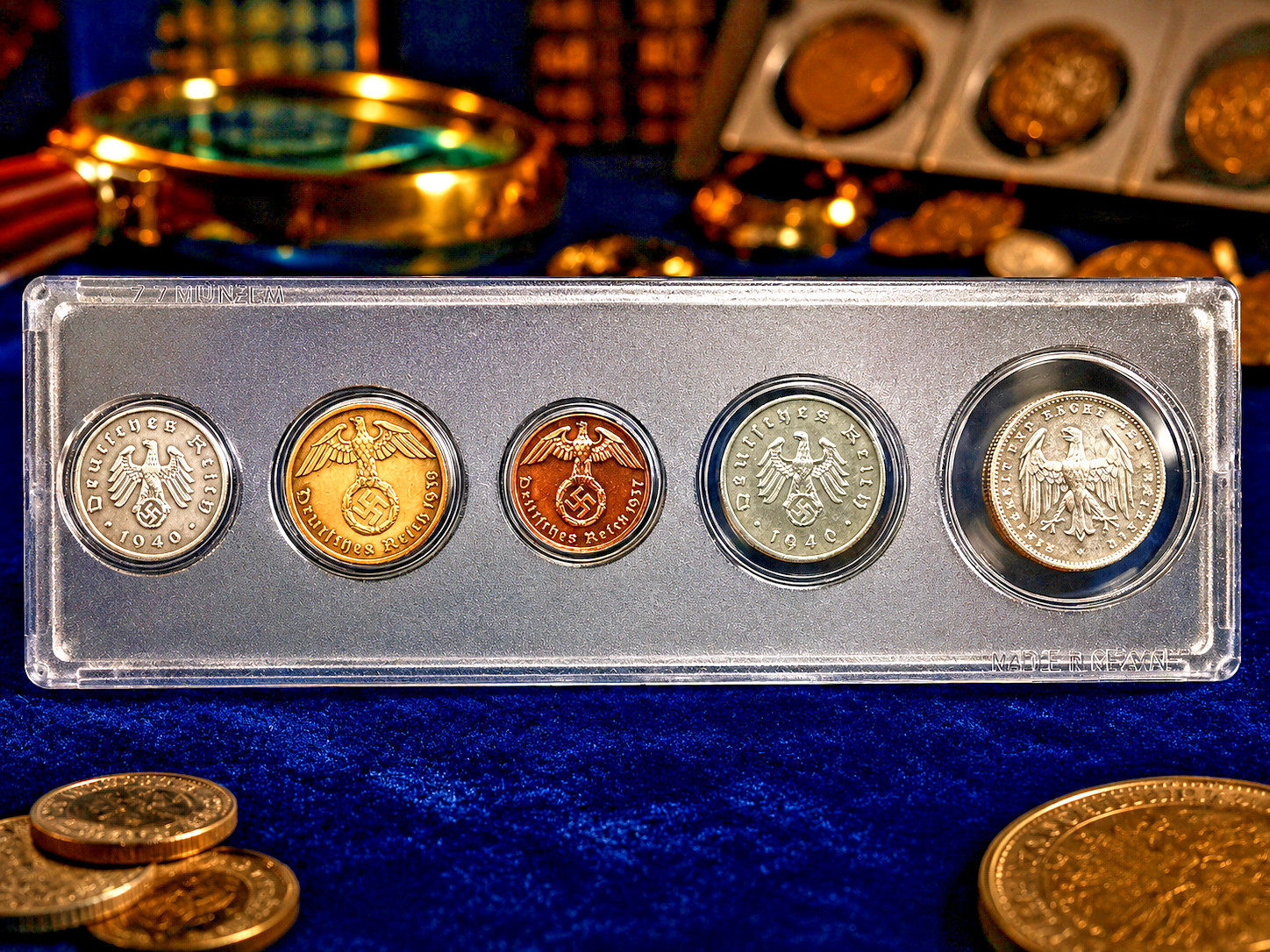 Rare WW2 German Coins Set with Secure Display Case Historical WW2 Artifacts Rare WW2 German Coins Set with Secure Display Case Historical WW2 Artifacts