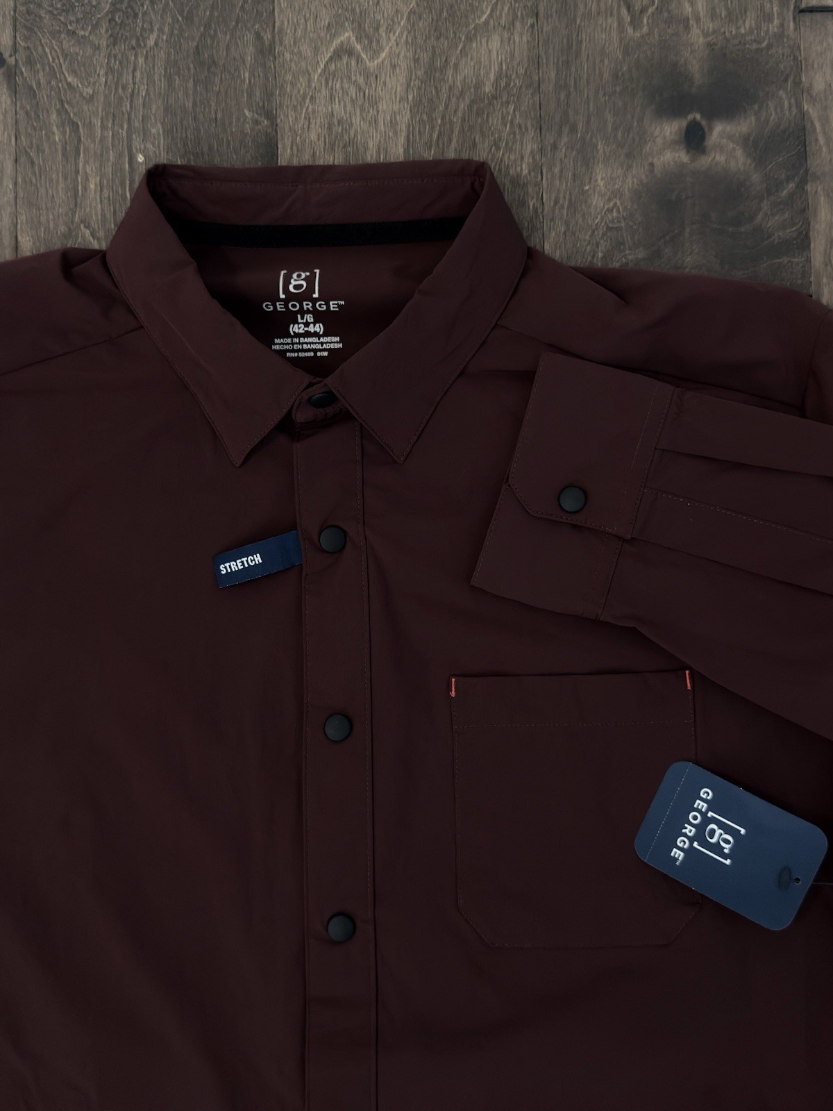 NWT George Mens Burgundy Red Stretch Performance Snap Down Long Slv Shirt Size L