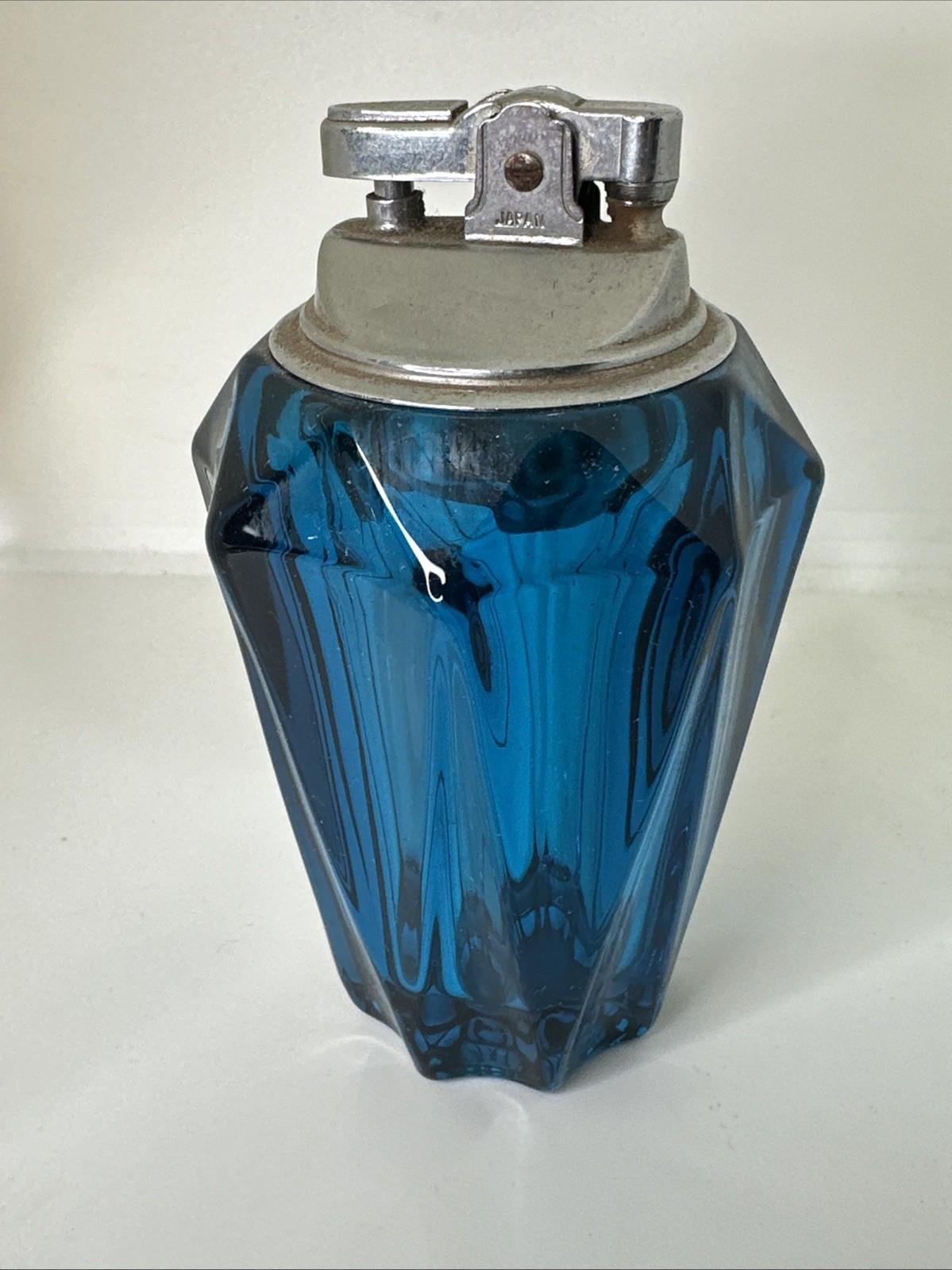 Vintage Viking Blue Glass Table Lighter Faceted Diamond Point MCM / It Works