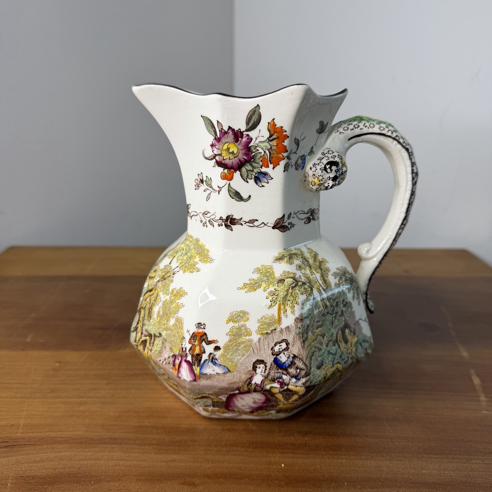 Antique Masons Ironstone China Watteau Pattern Water Pitcher England Colorful