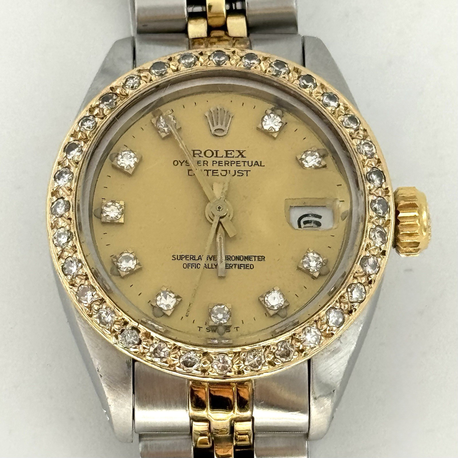 Rolex Datejust Steel & 18k Gold Custom Diamond Dial & Bezel 26mm Watch 6916