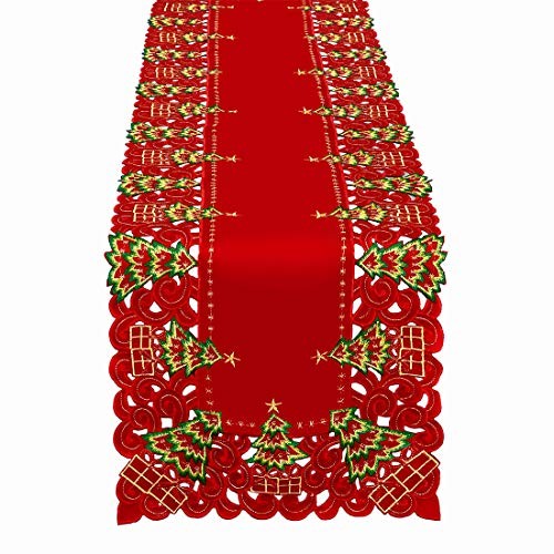 Grelucgo Embroidered Christmas Holiday Holly Tree Table Runner, 16 x 72 inch