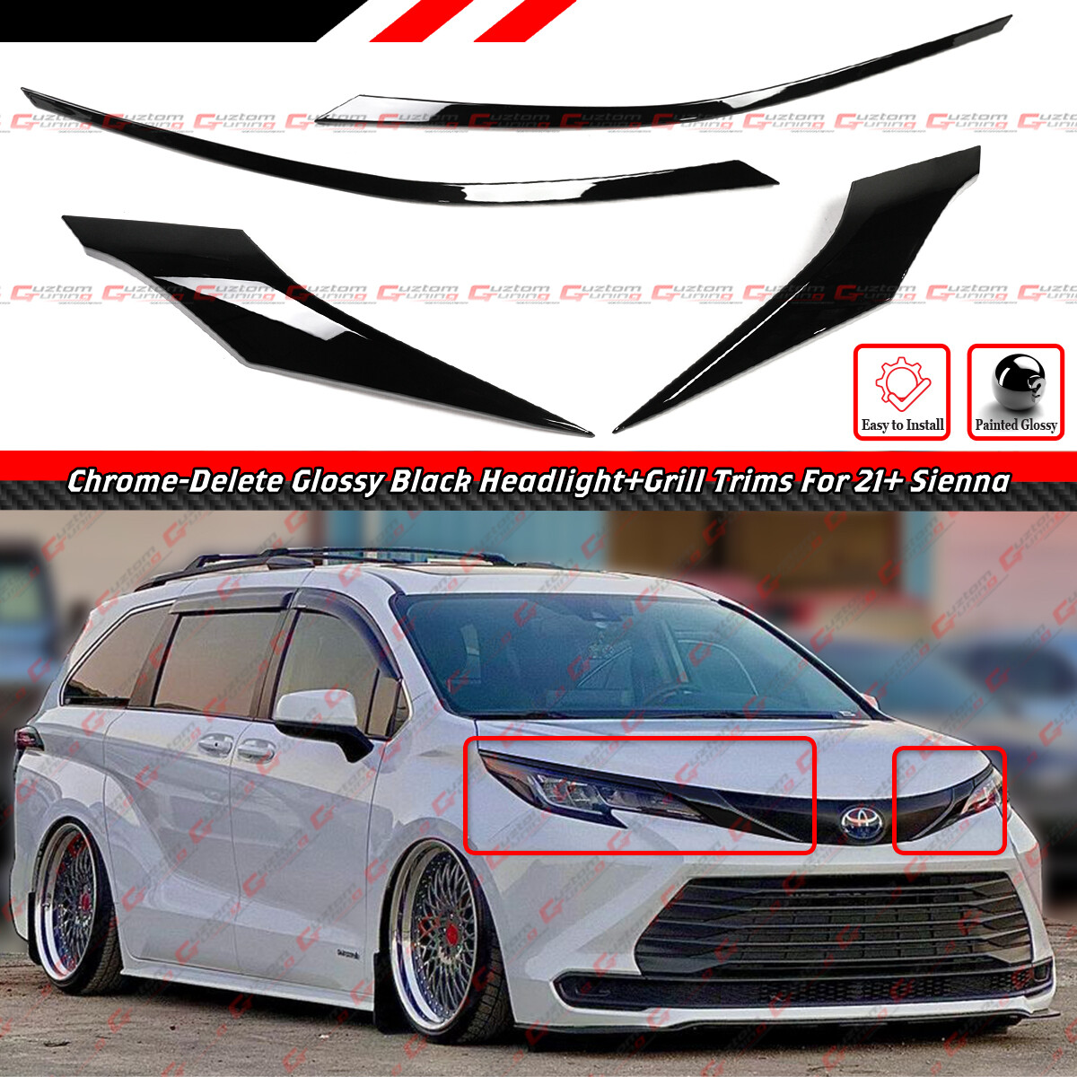 FOR 21-26 TOYOTA SIENNA GLOSS BLACK CHROME DELETE FRONT GRILL EYELID TRIM COVER FOR 21-26 TOYOTA SIENNA GLOSS BLACK CHROME DELETE FRONT GRILL EYELID TRIM COVER