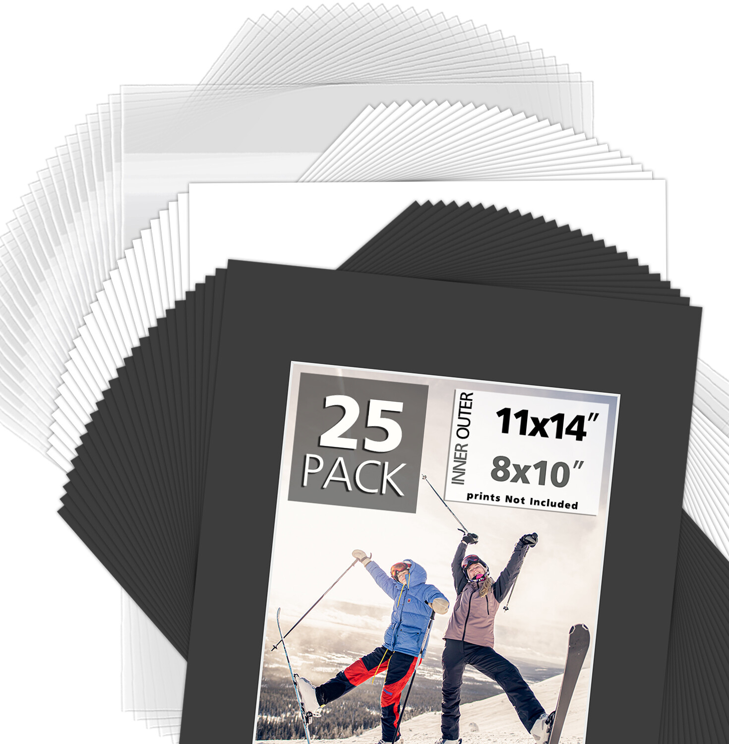 25 Pack 11x14 Black White Picture Mat Boards White Core 4-Ply Acid-Free Bevel