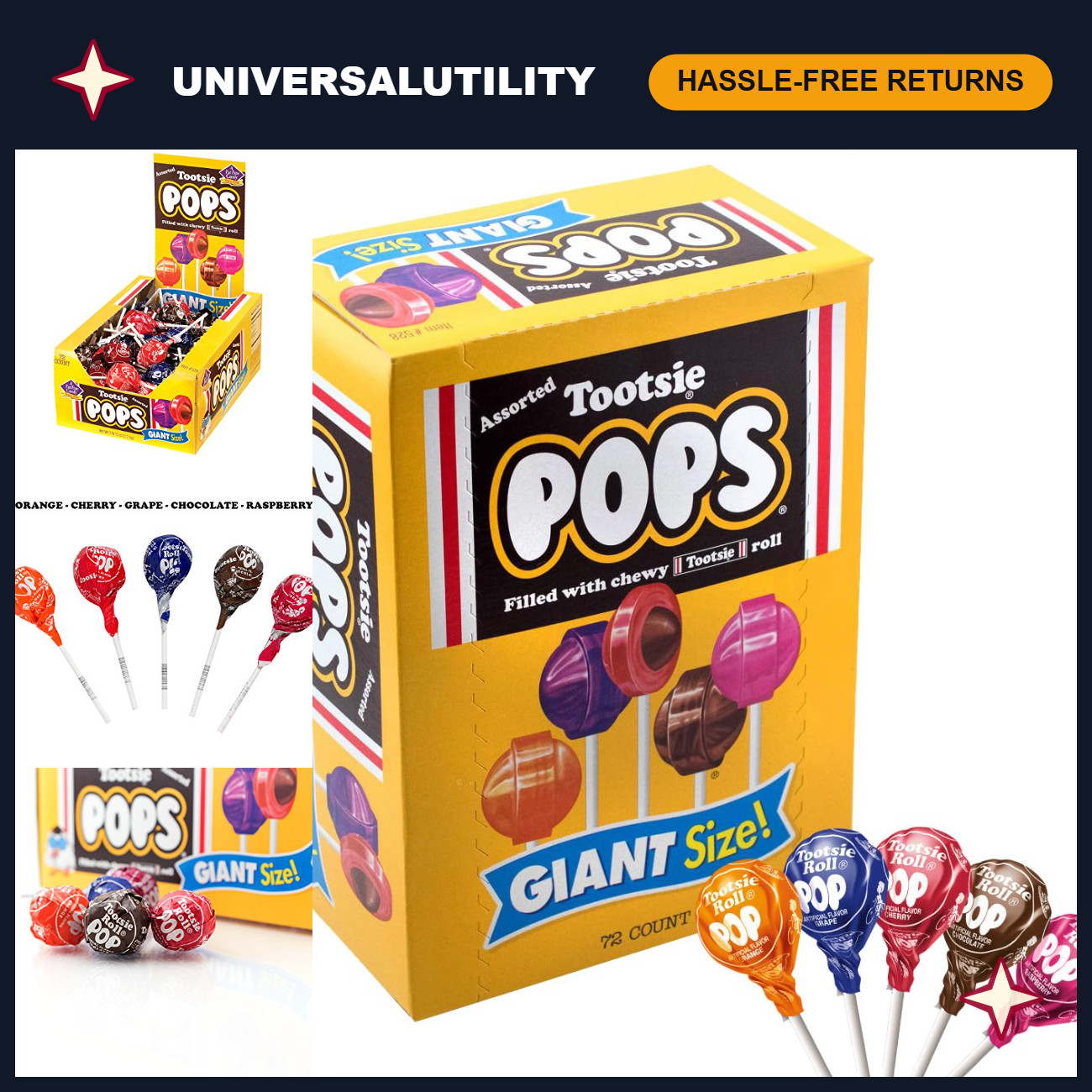 Giant Tootsie Pops Assorted Flavors - 72 Count Bulk Candy for Parties & Events
