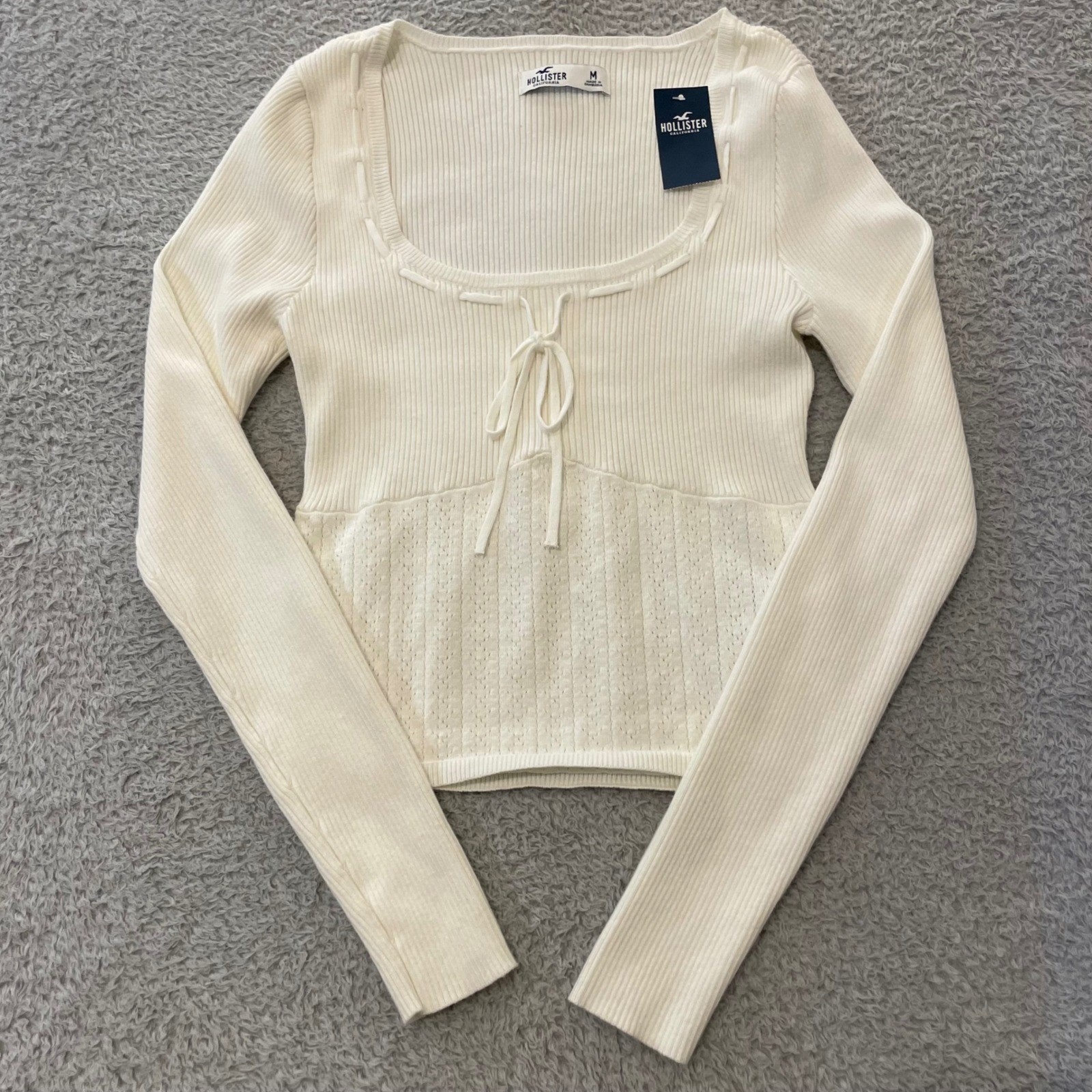 NWT Hollister Pointelle Ribbed Top Womens M White Scoop Neck Tie Front Babydoll