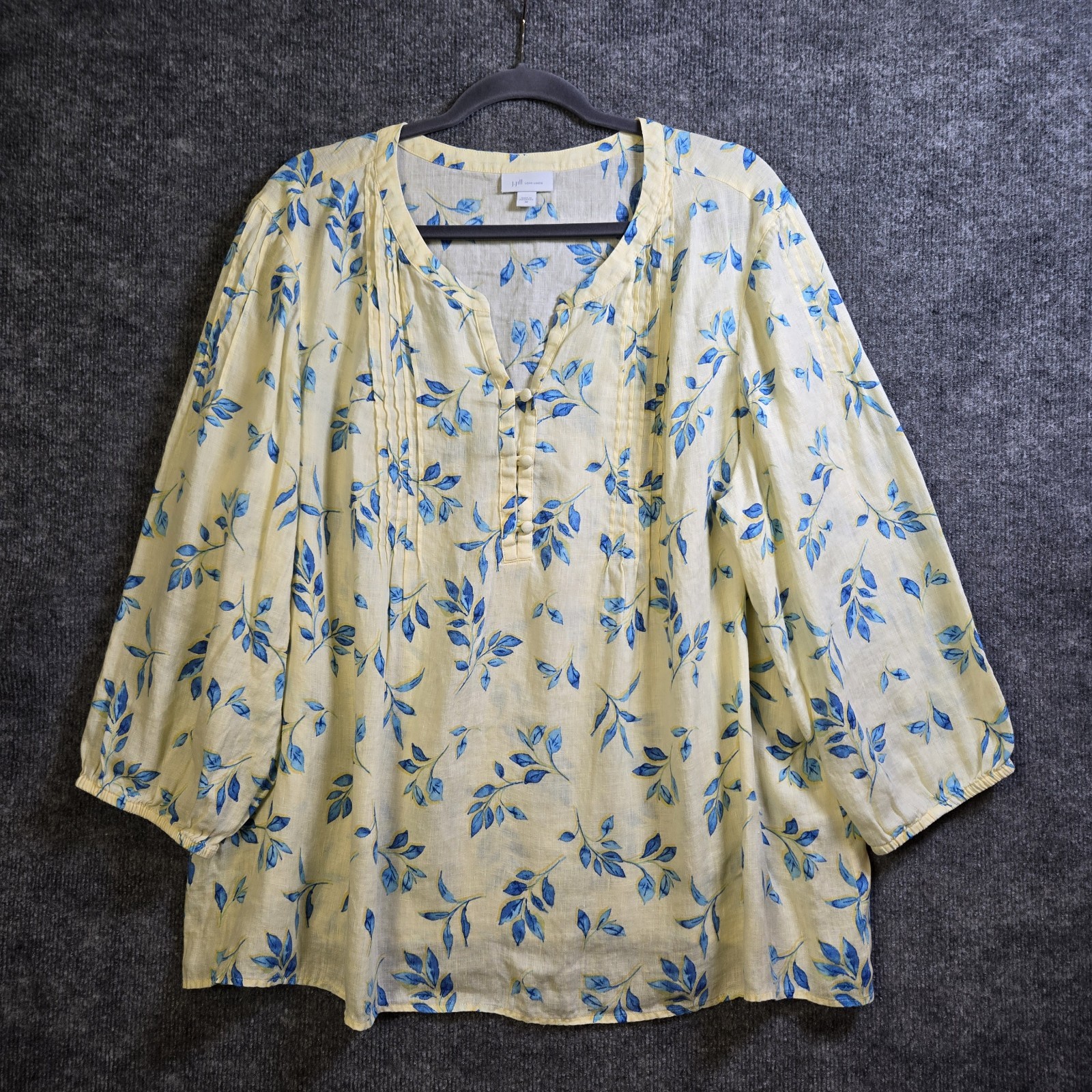 J Jill Top Womens 2X Yellow Blue Wildflower Garden Tunic Henley Pintuck Boho