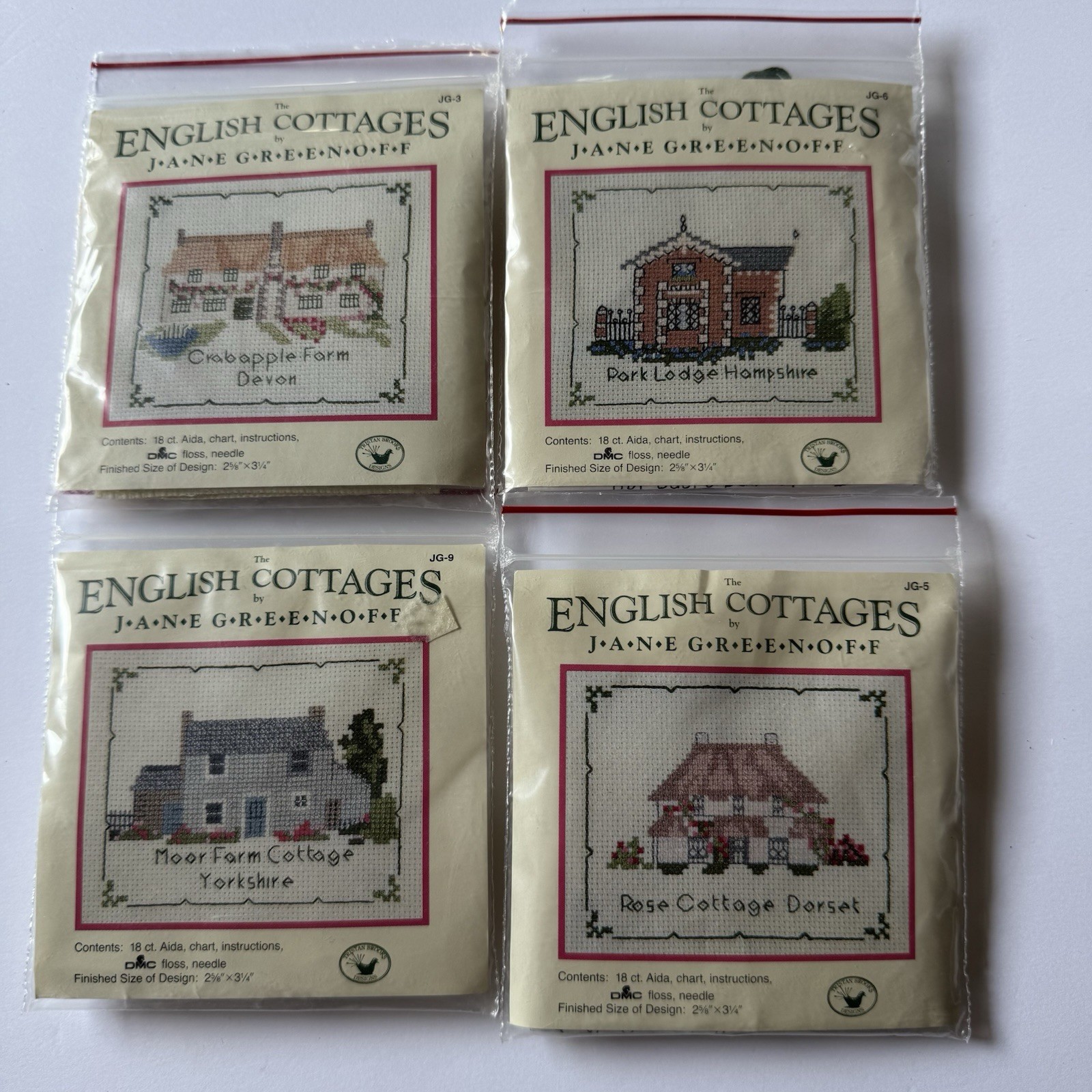 VTG 1987 NEW Tristan Brooks Jane Greenoff 4 Cross Stitch Kits- English Cottages