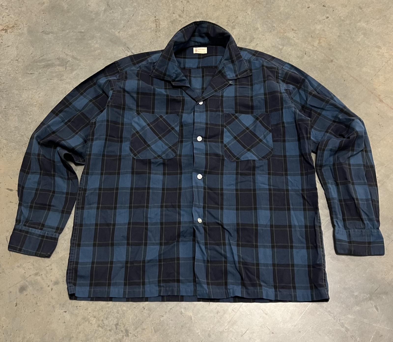 Vintage 60s 70s Penneys Towncraft Shadow Plaid Loop Collar Shirt Sz Large Blue