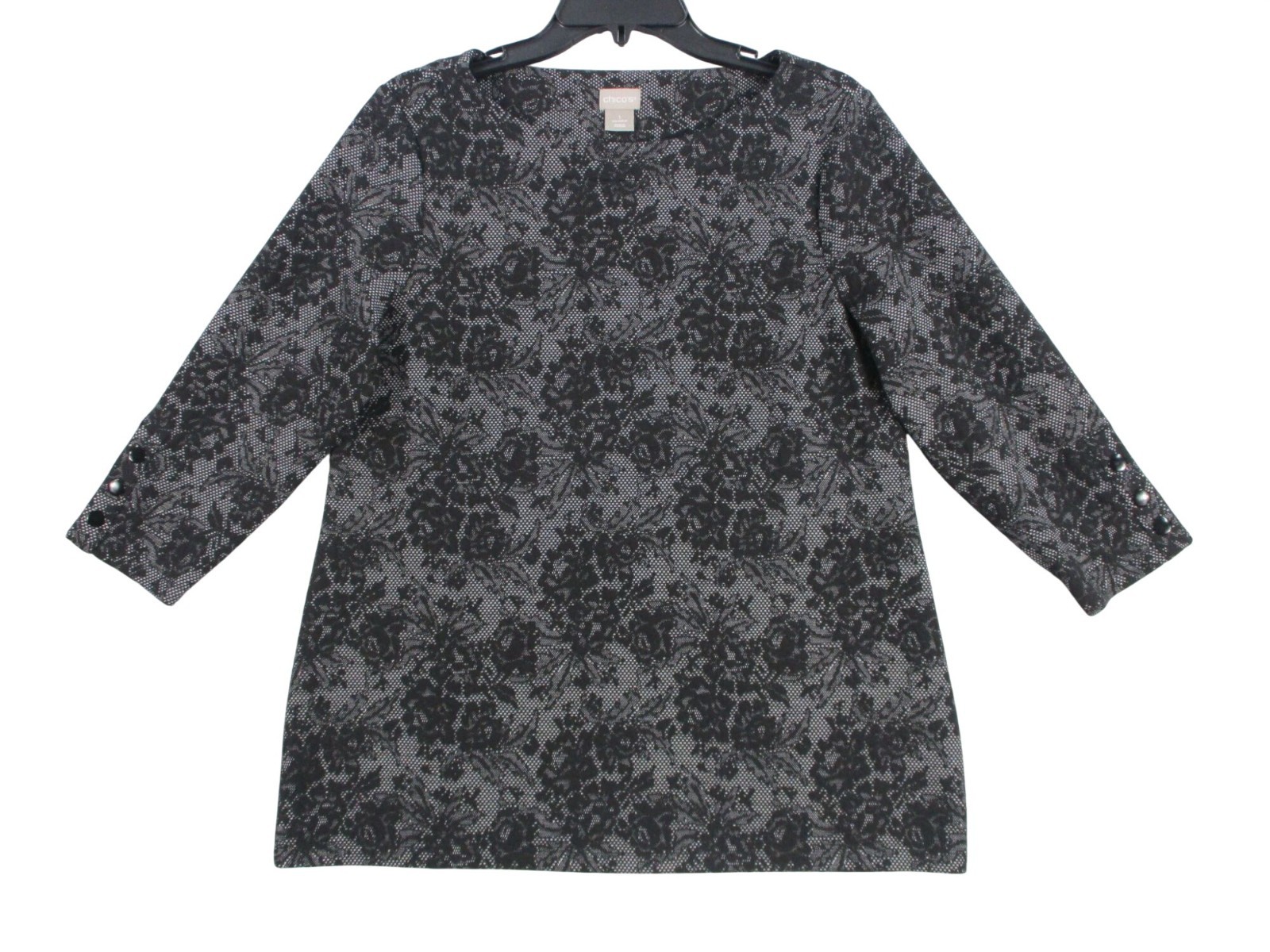 Chicos Black & Gray Floral Lace 3/4 Sleeve Tunic Top Size M
