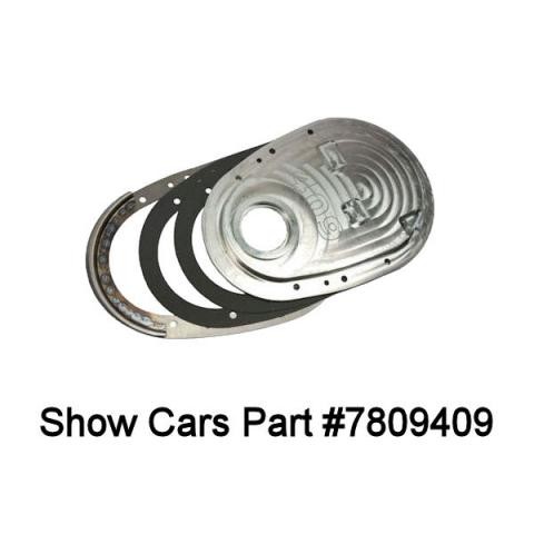 409 LOGO CHEVY BILLET ALUMINUM 2 PICE EASE CAM CHANGE TIMING CHAIN COVER U.S.A.
