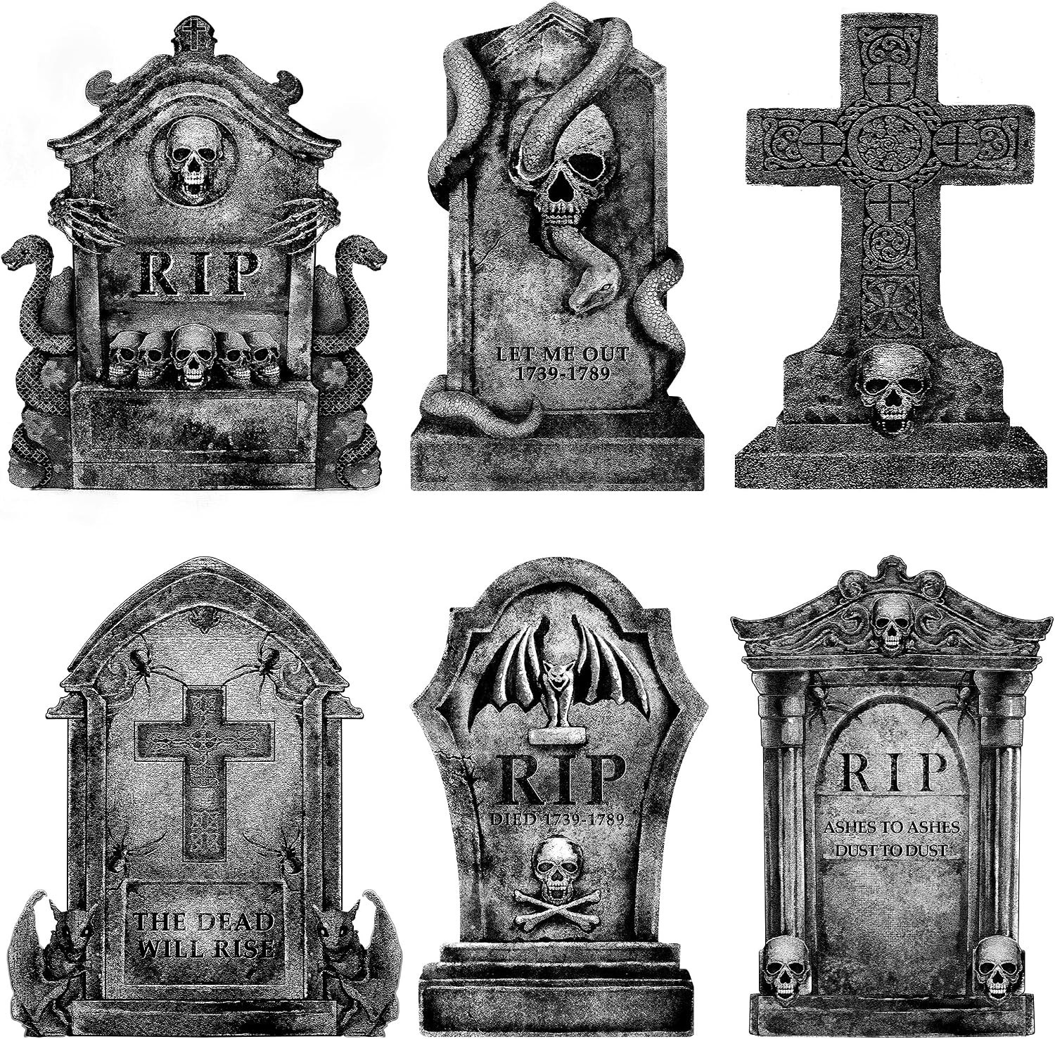 Large Realistic Halloween Tombstones - 6 Pack Outdoor Cemetery Decor