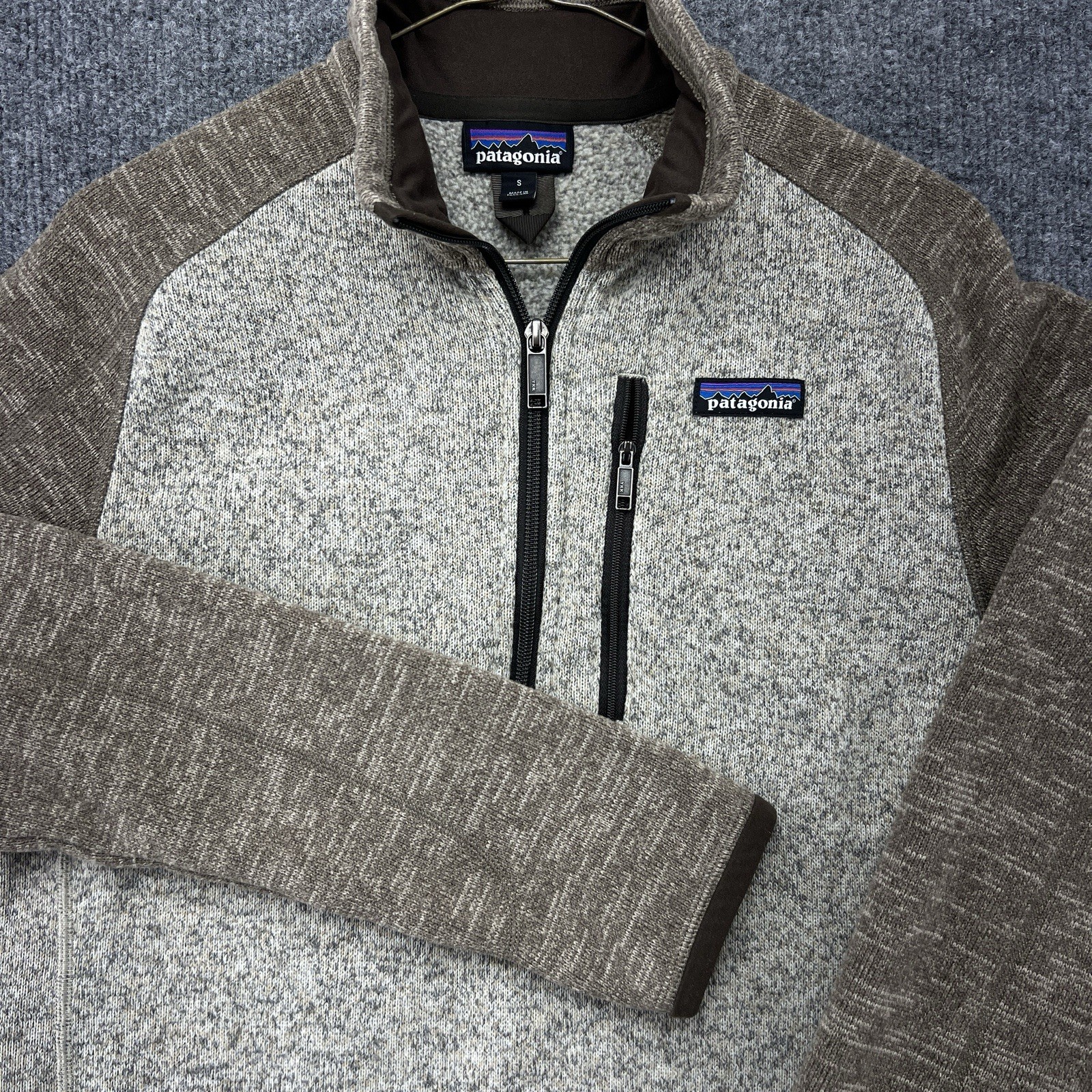 Patagonia Pullover Men\'s SMALL Tan/Brown Warm Better Sweater 1/4 Zip Long Slv