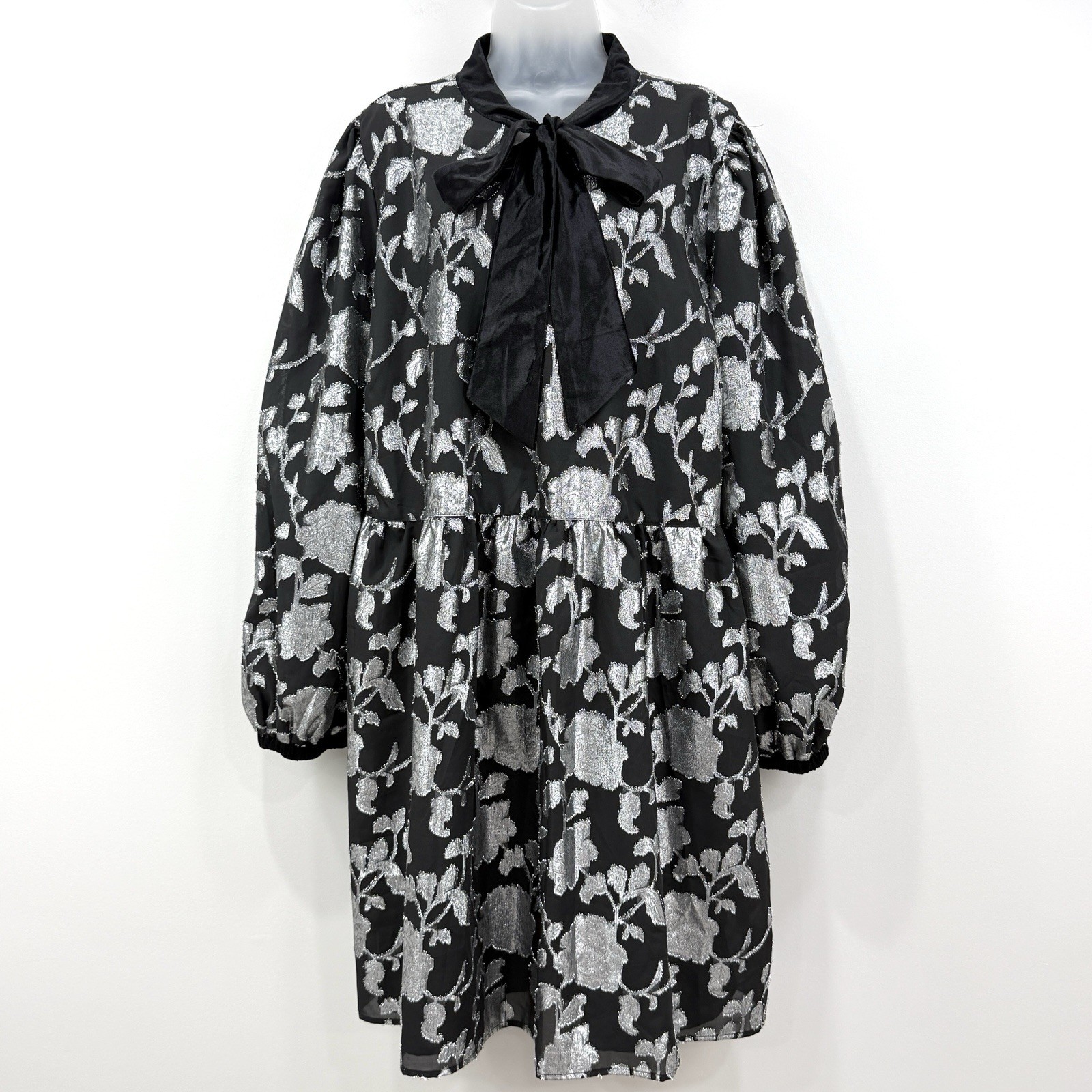 Eloquii Elements Dress Womens 24 Floral NWT Brocade Party Glam Velvet Bow Neck