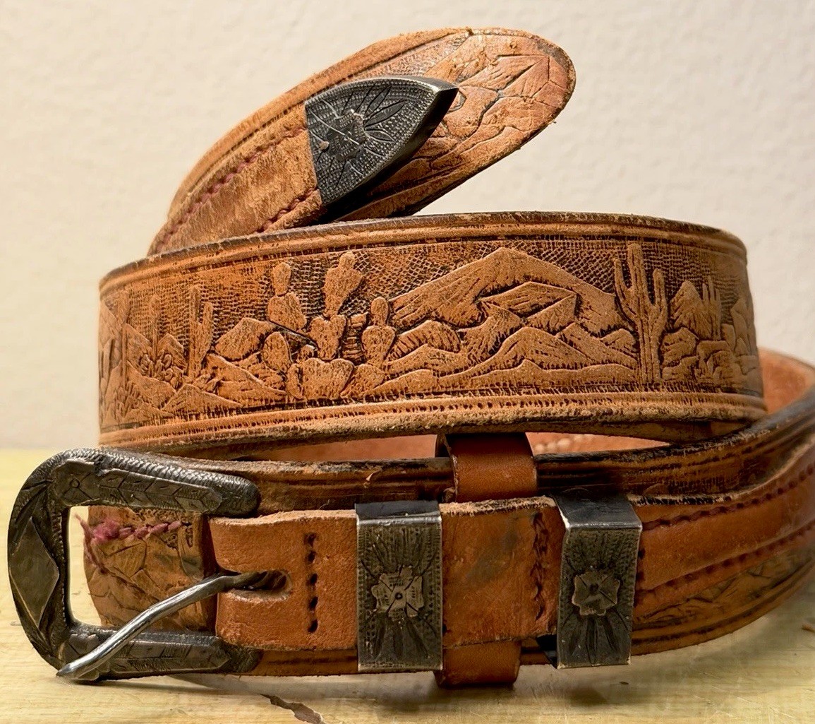 VTG 1930s-40s Tex-Tan Texas Ranger Tooled Leather Western Belt Size 38 Southwest