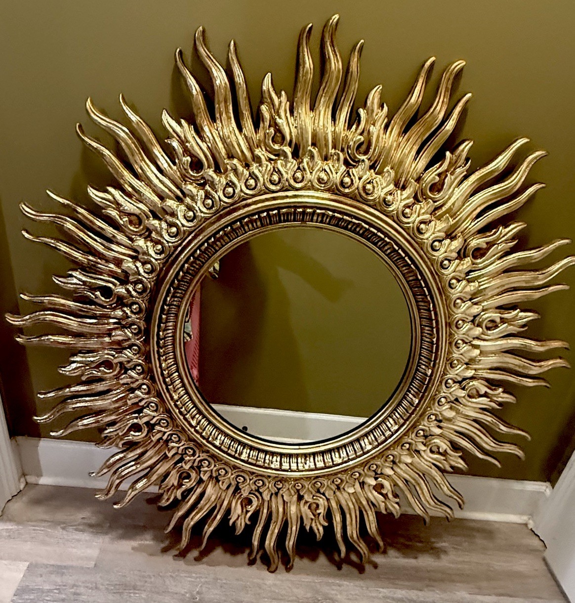 Vintage Hollywood Regency Style Gilded Sunburst Mirror 48x48” MCM Glam Decor