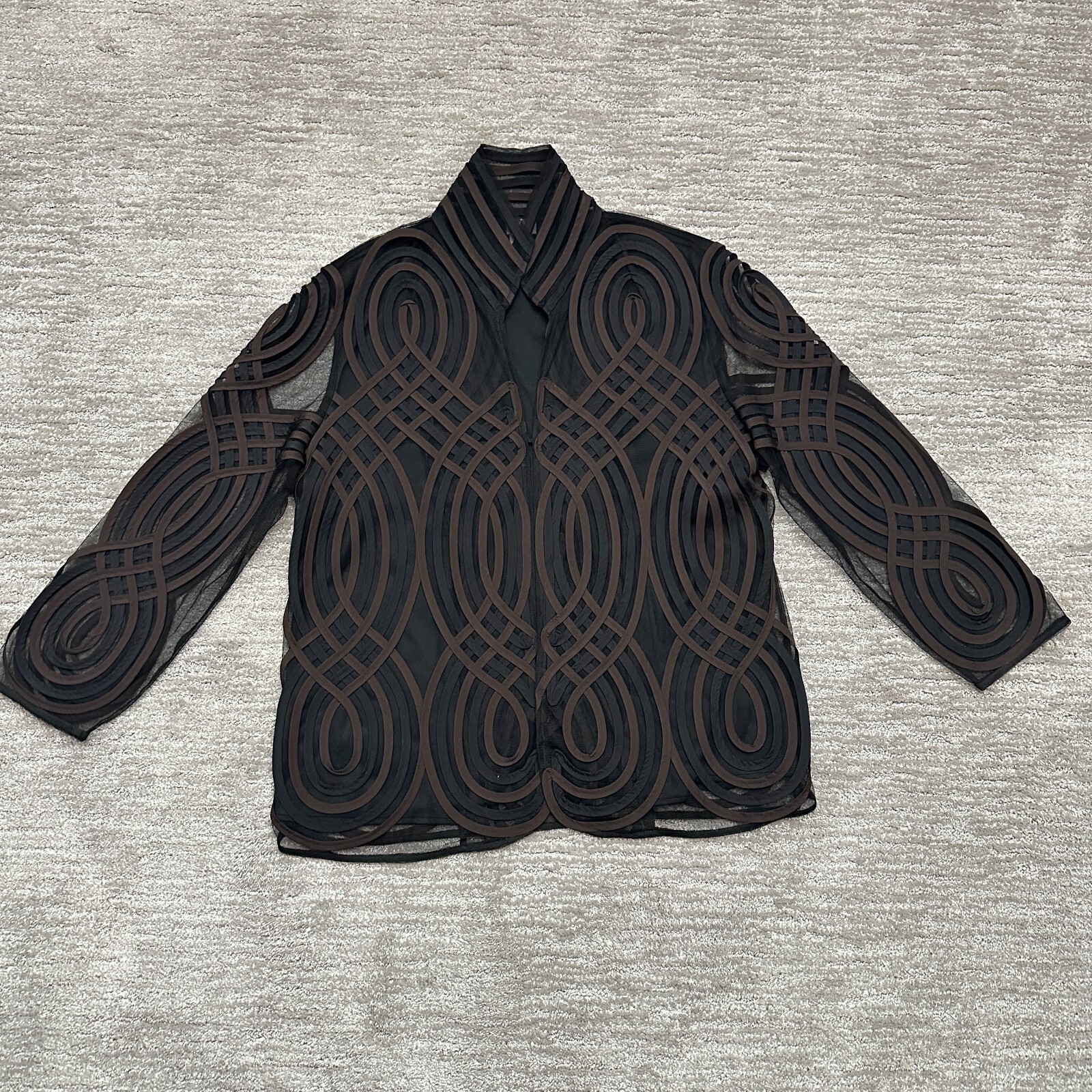 Chicos Travelers Jacket Womens 2 Large Brown Black Abstract Swirls Mesh Artsy