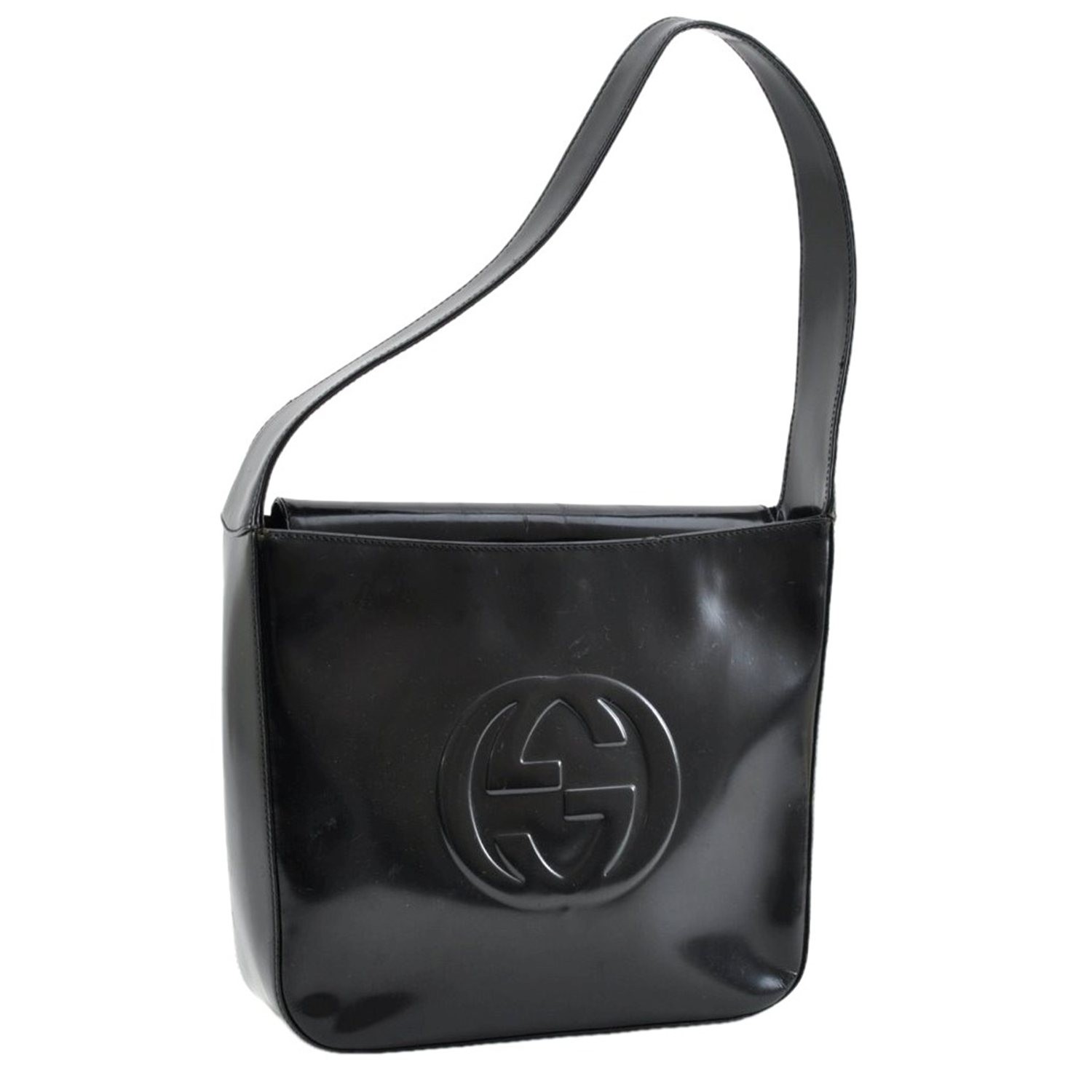 Authentic GUCCI Interlocking G Shoulder Hand Bag Purse Enamel Black AC614 Authentic GUCCI Interlocking G Shoulder Hand Bag Purse Enamel Black AC614