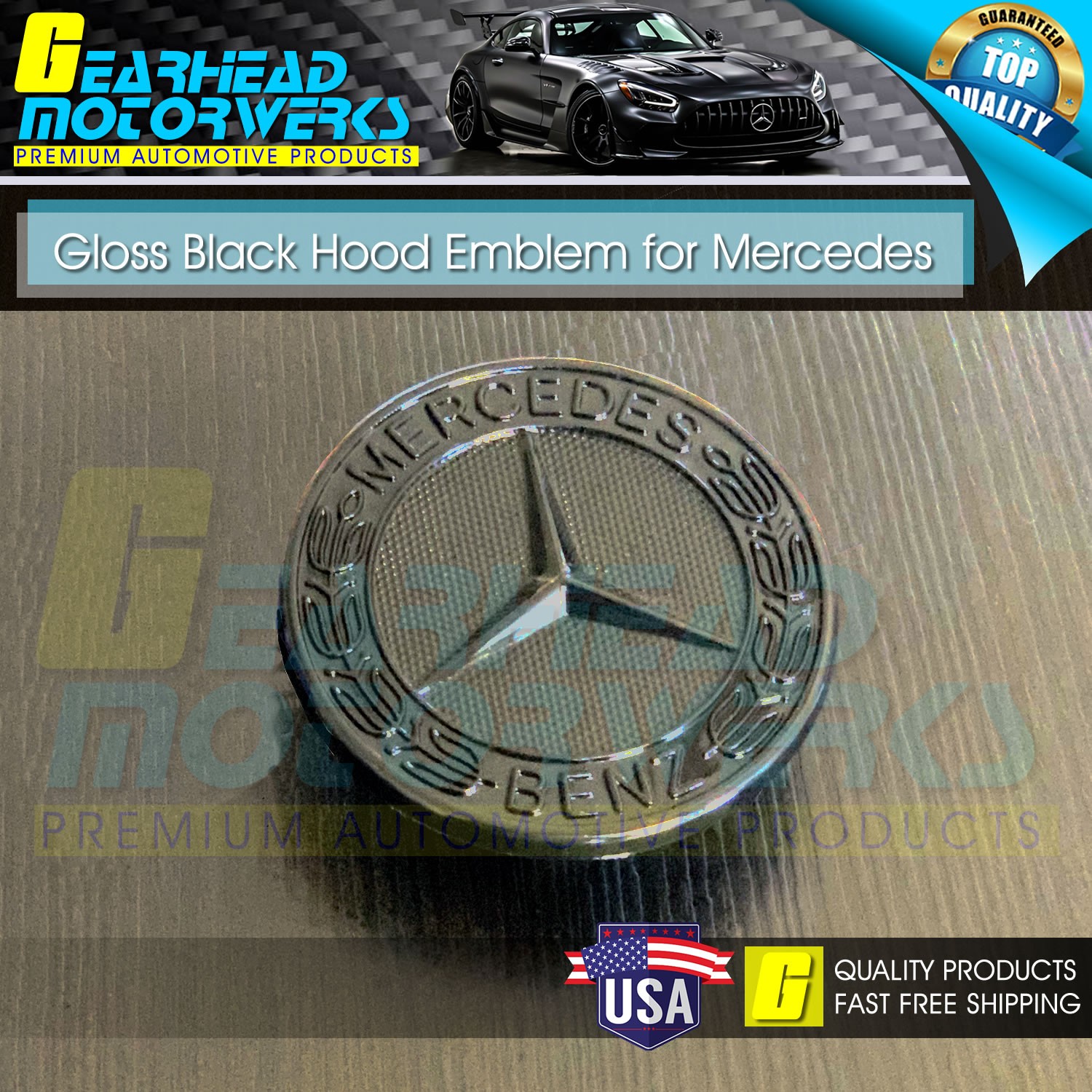 AMG Hood Emblem Gloss Black Front Flat Laurel Wreath Badge Mercedes Benz 57mm OE