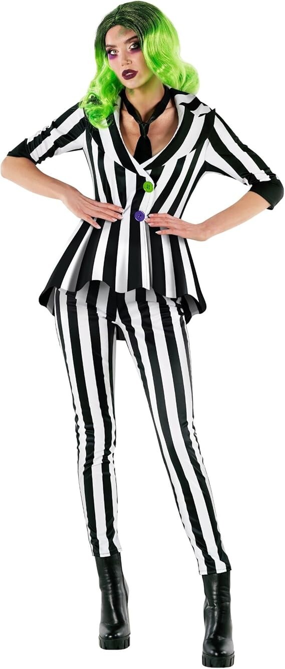 Women`s Beetlejuice Costume Black White Striped Horror Suit Halloween S - 3XL