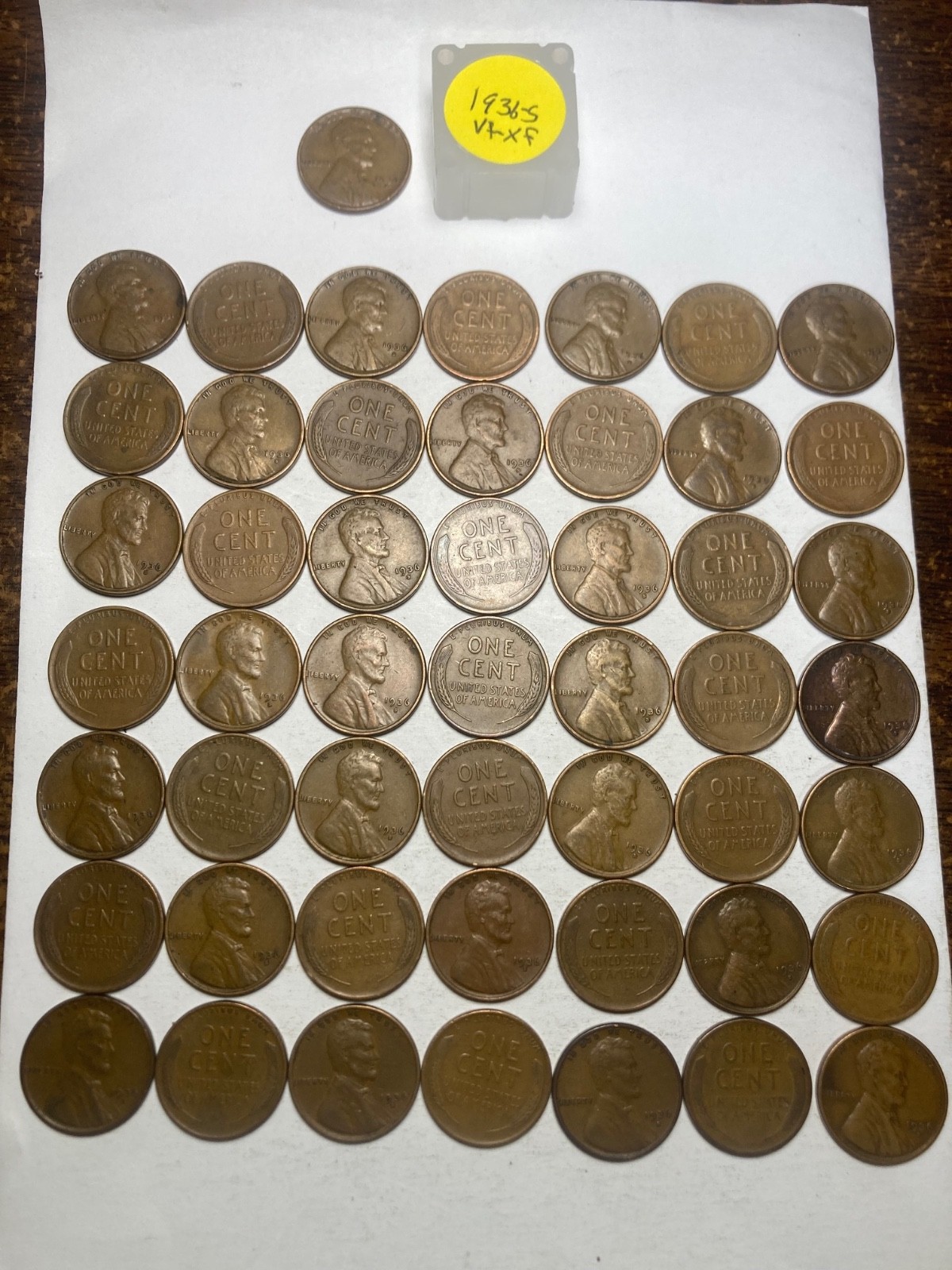 1936-S LINCOLN WHEAT CENT PENNY ROLL, HIGH GRADE, 50 COINS, ALL COINS VF-XF
