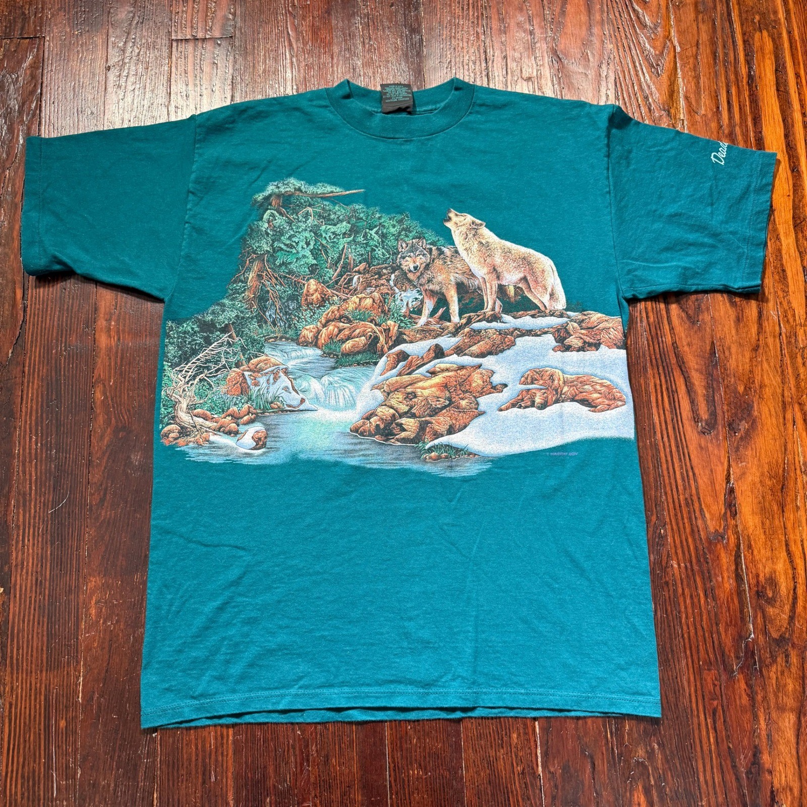 Vintage 90s Wolf Shirt Mens XL Teal Nature Wrap Around Graphic USA Single Stitch
