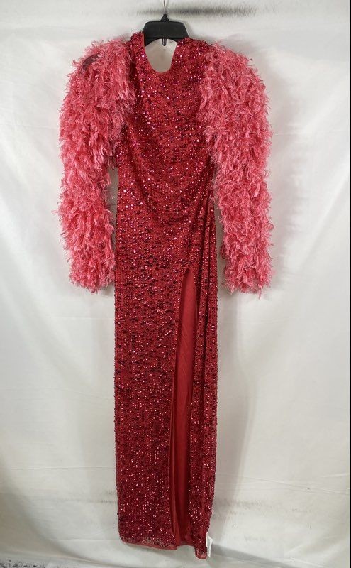 ASOS LUXE Women\'s Pink Sequin Maxi Dress Faux Fur Shag Sleeve High Slit Sz 2 NWT