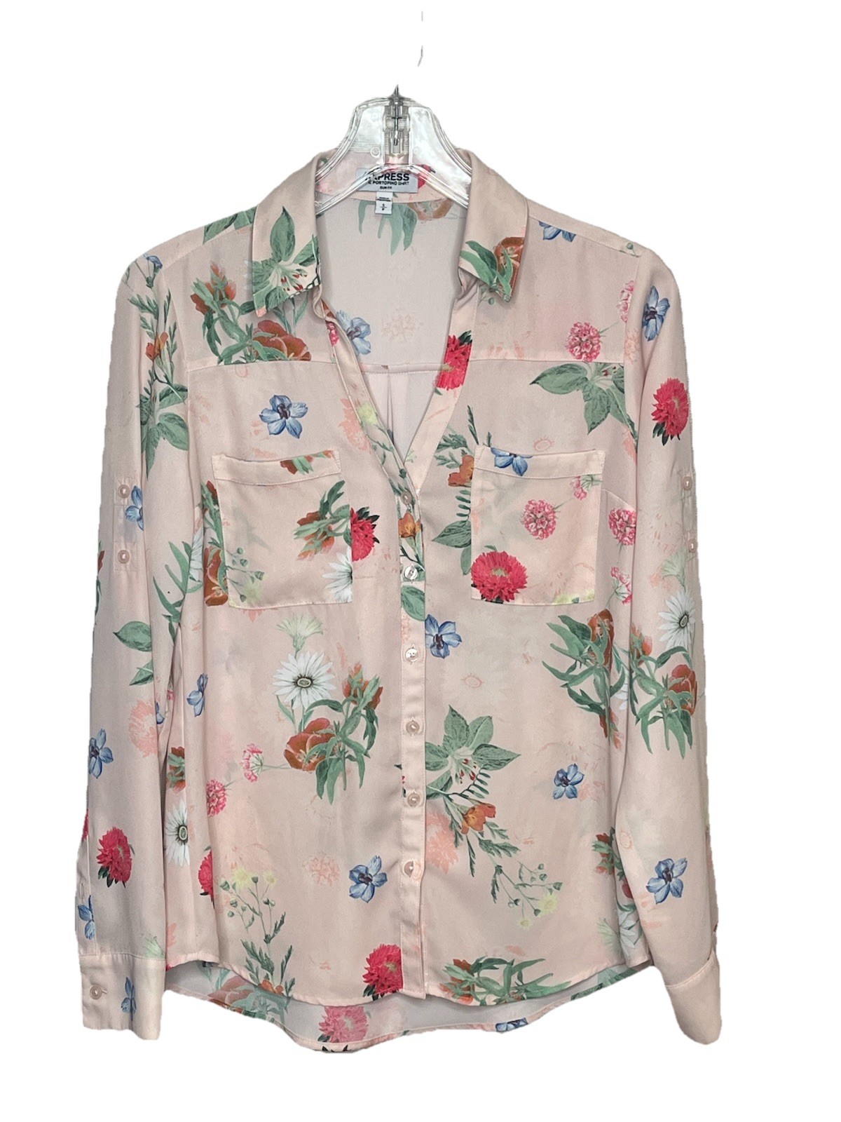 Express Portofino Shirt Slim Fit Floral Blouse Pink Button Front Long Sleeve S
