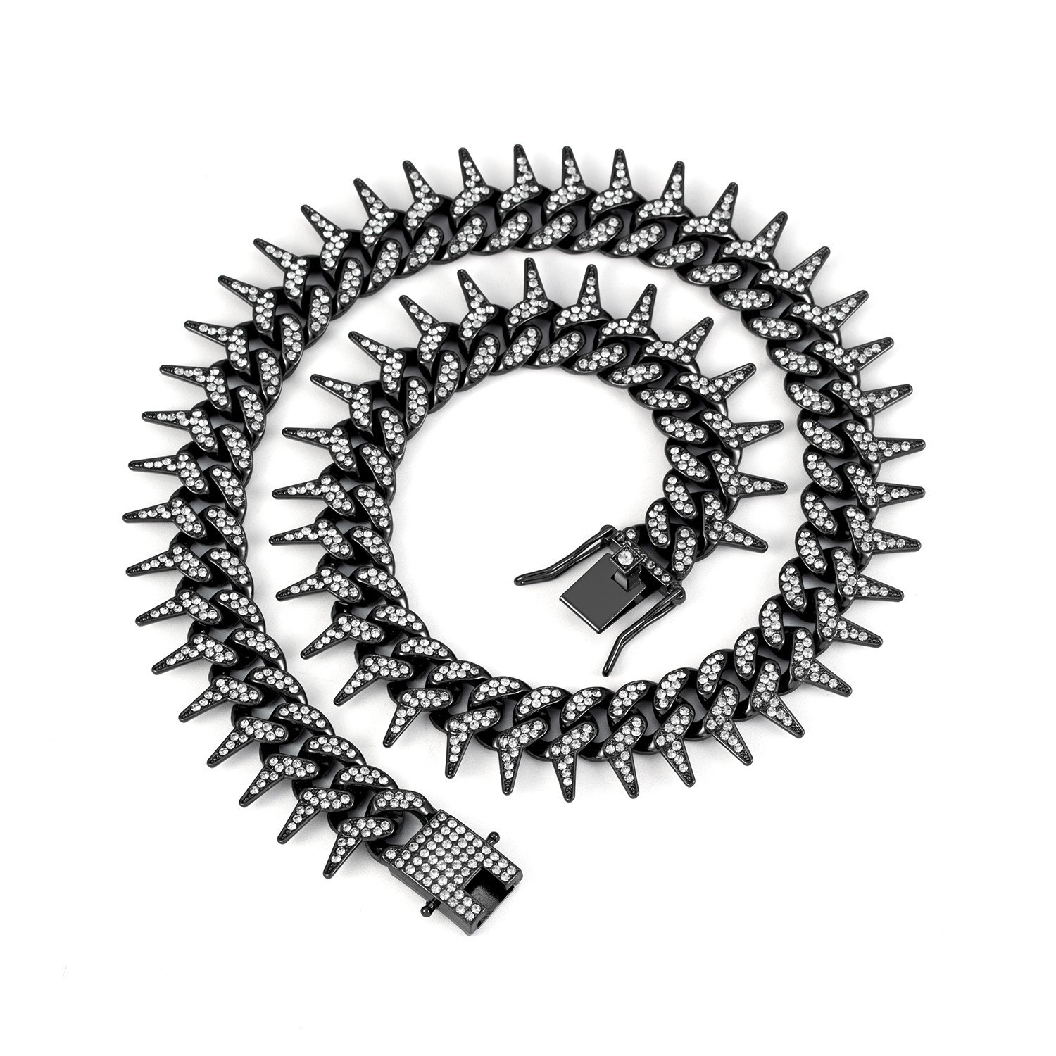 Iced Out Black diamond-studded Cuban chain men\'s hip-hop Miami necklace spike
