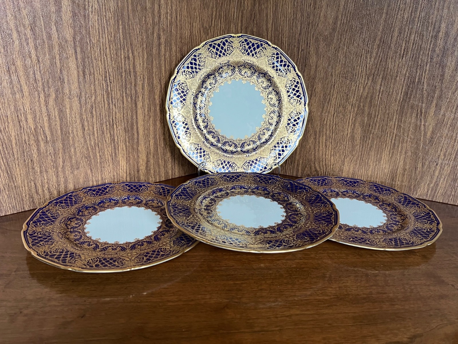 Antique Four Royal Doulton Cobalt Gilt Plates 1929-1930, 10.5\ Antique Four Royal Doulton Cobalt Gilt Plates 1929-1930, 10.5\